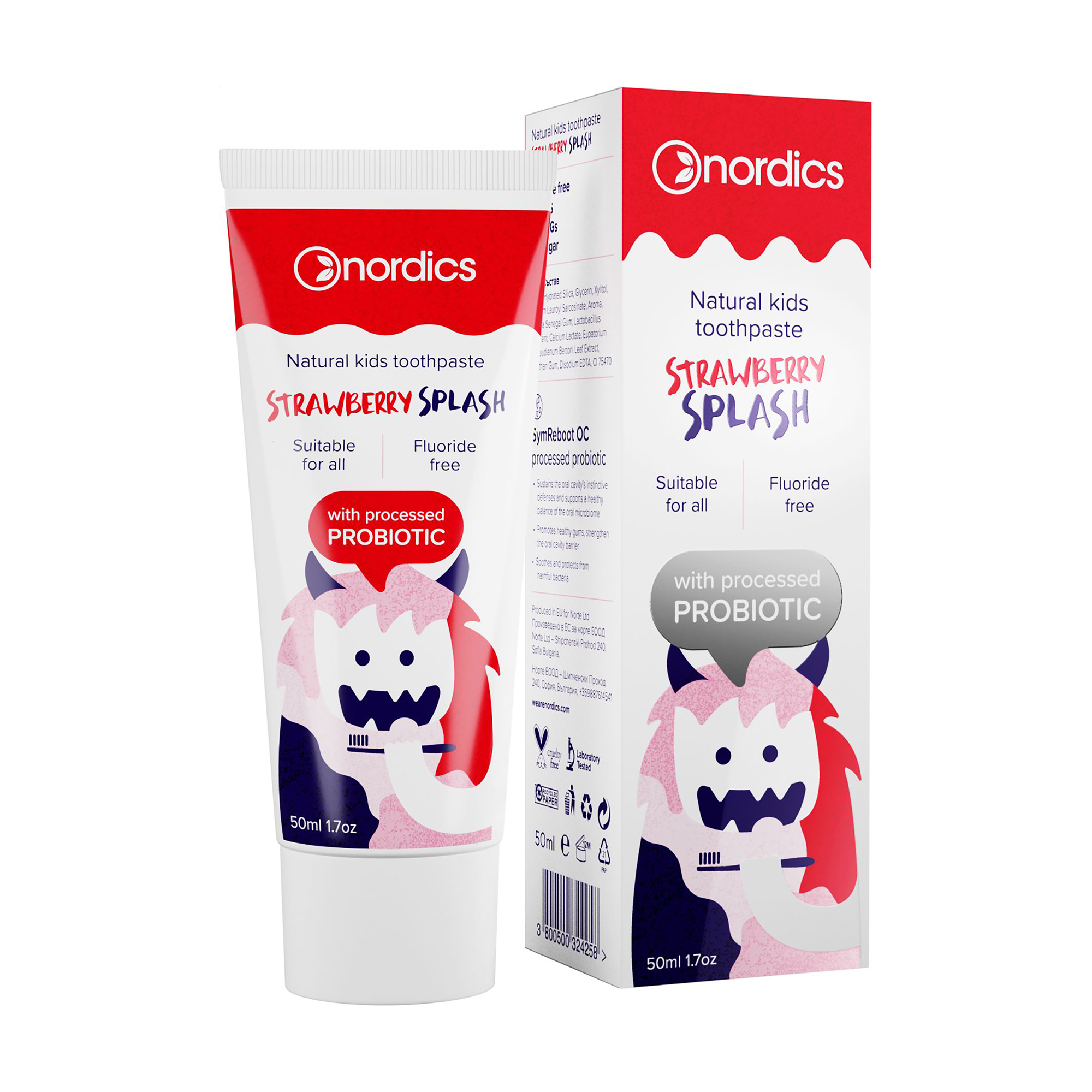 Дитяча зубна паста Nordics Kids Strawberry Splash без фтору, з пробіотиком, 50 мл