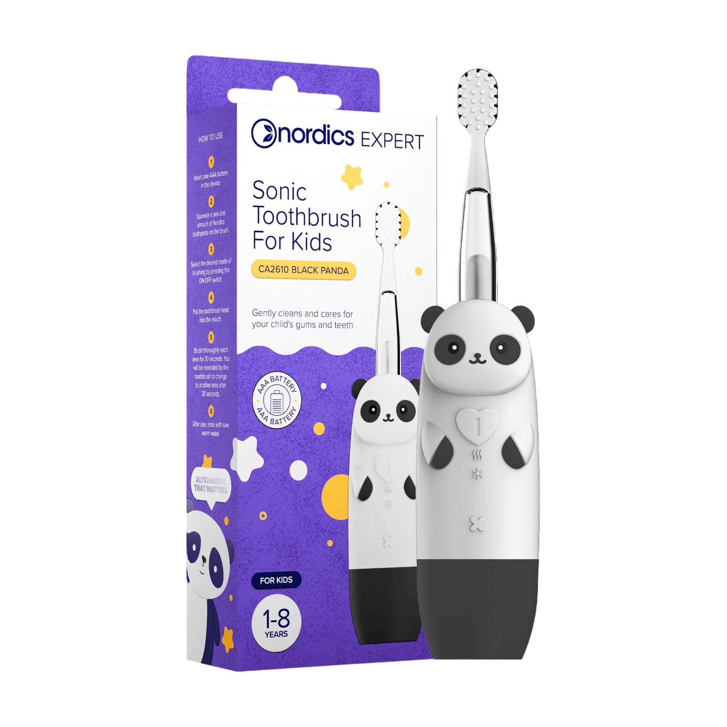 Дитяча звукова зубна щітка Nordics Expert Sonic Toothbrush for Kids CA2610 Панда, чорна, 1 шт