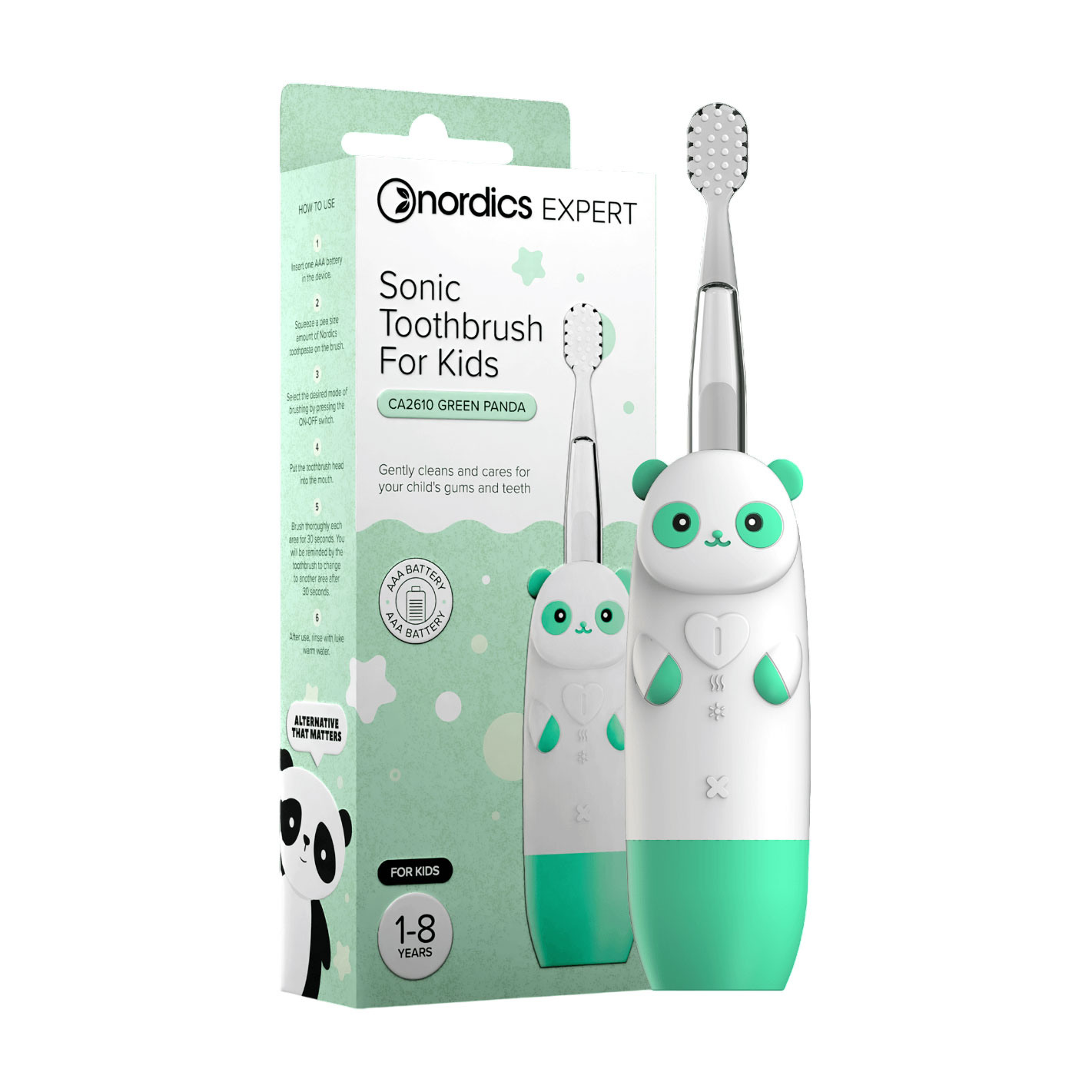 Дитяча звукова зубна щітка Nordics Expert Sonic Toothbrush for Kids CA2610 Панда, зелена, 1 шт