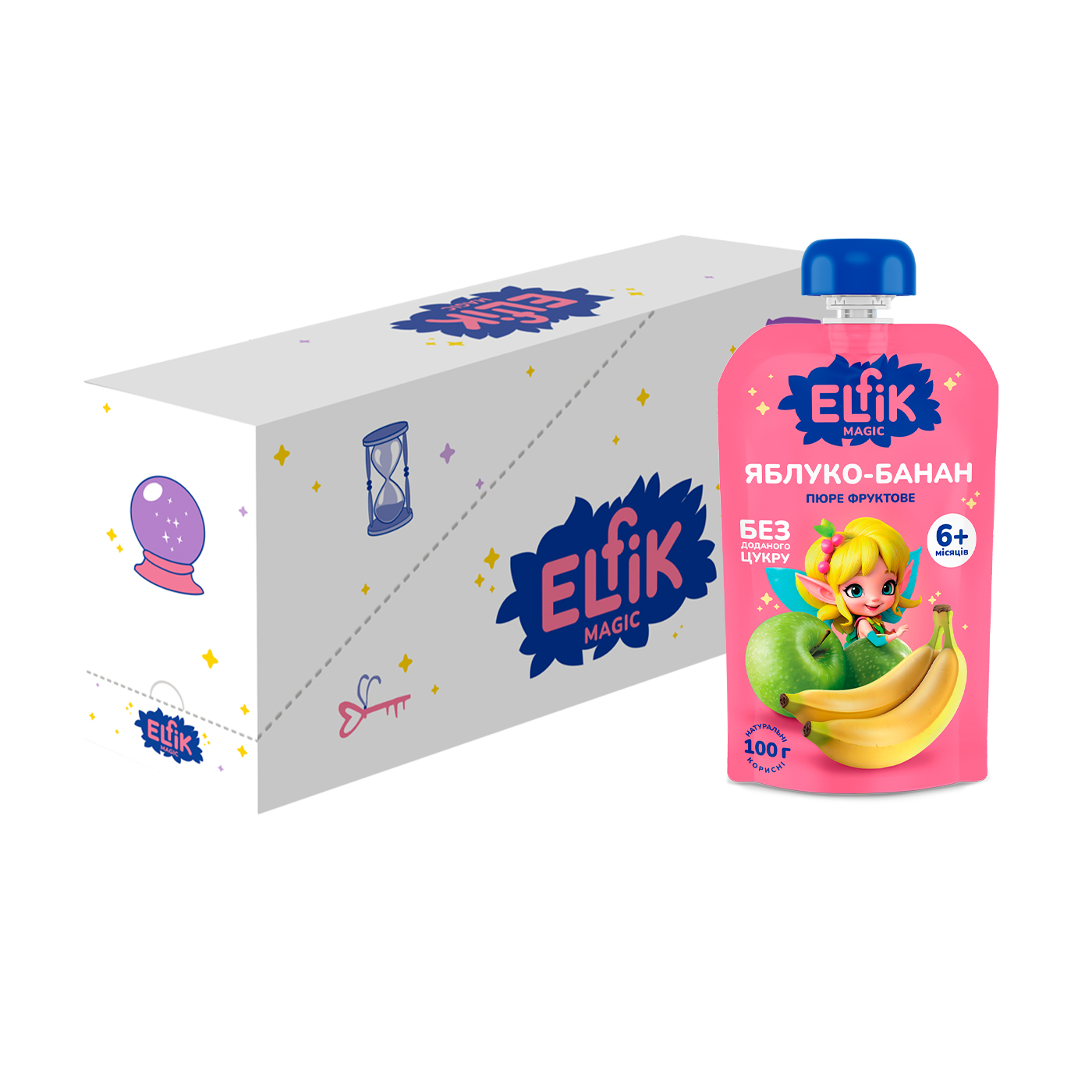 Дитяче фруктове пюре Elfik Magic Яблуко-банан, без доданого цукру, від 6 місяців, 18*100 г