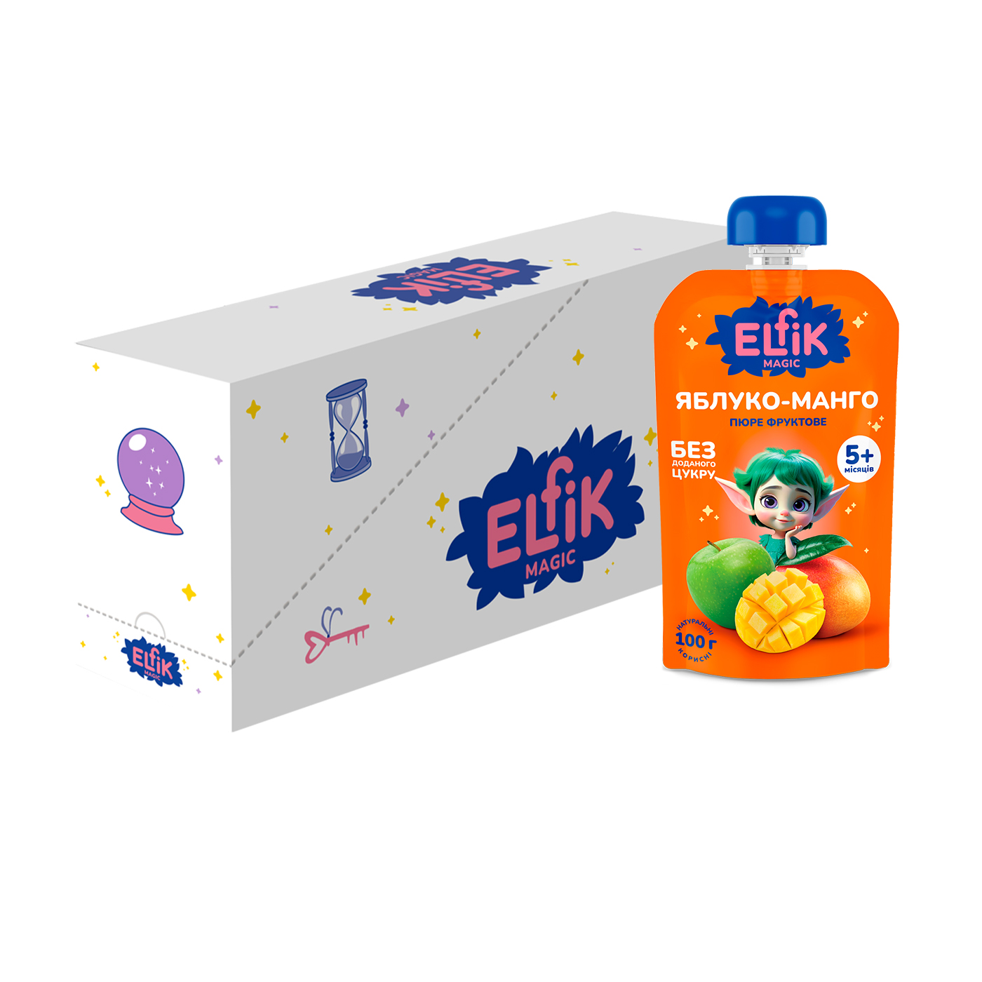 Дитяче фруктове пюре Elfik Magic Яблуко-манго, без доданого цукру, від 5 місяців, 18*100 г