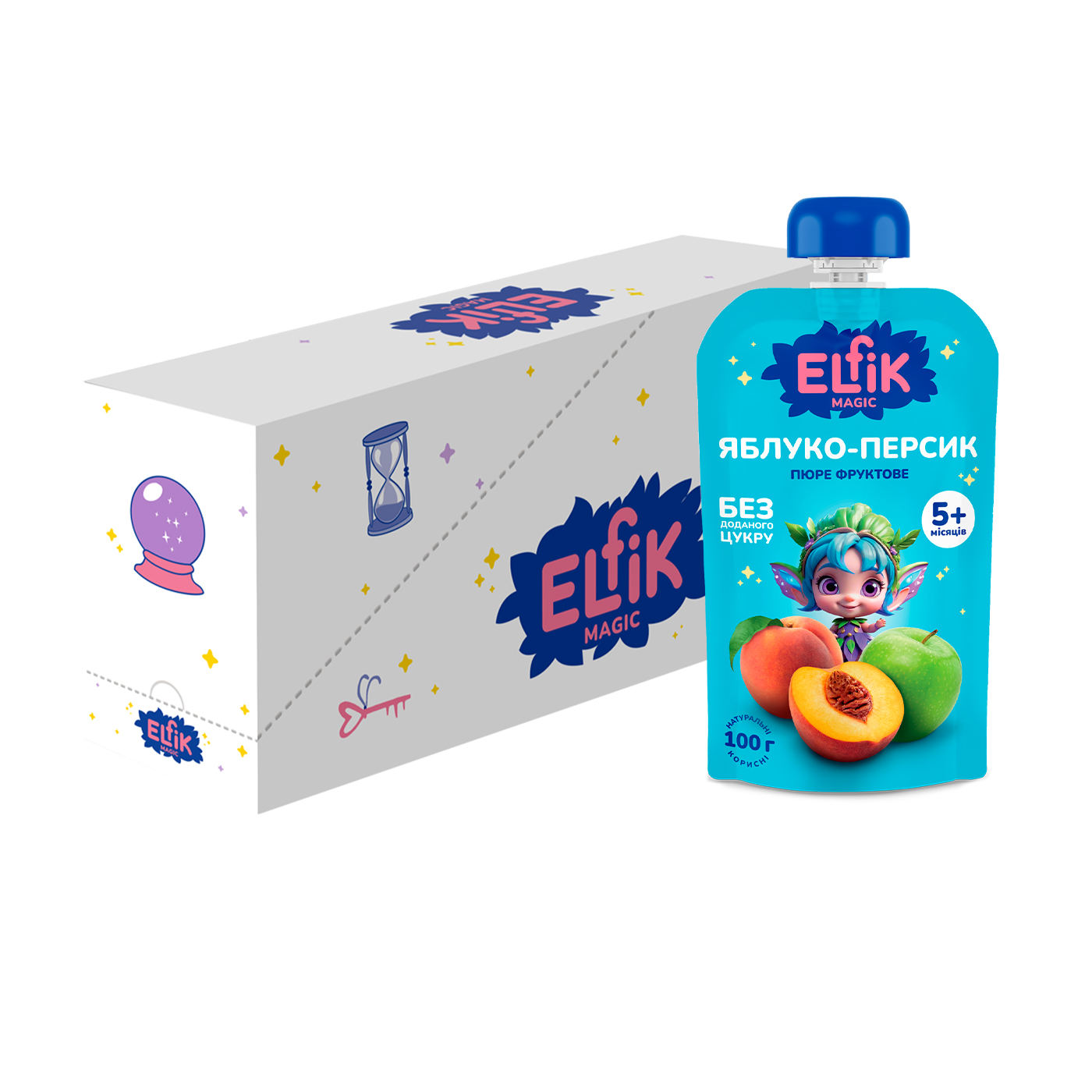 Дитяче фруктове пюре Elfik Magic Яблуко-персик, без доданого цукру, від 5 місяців, 18*100 г