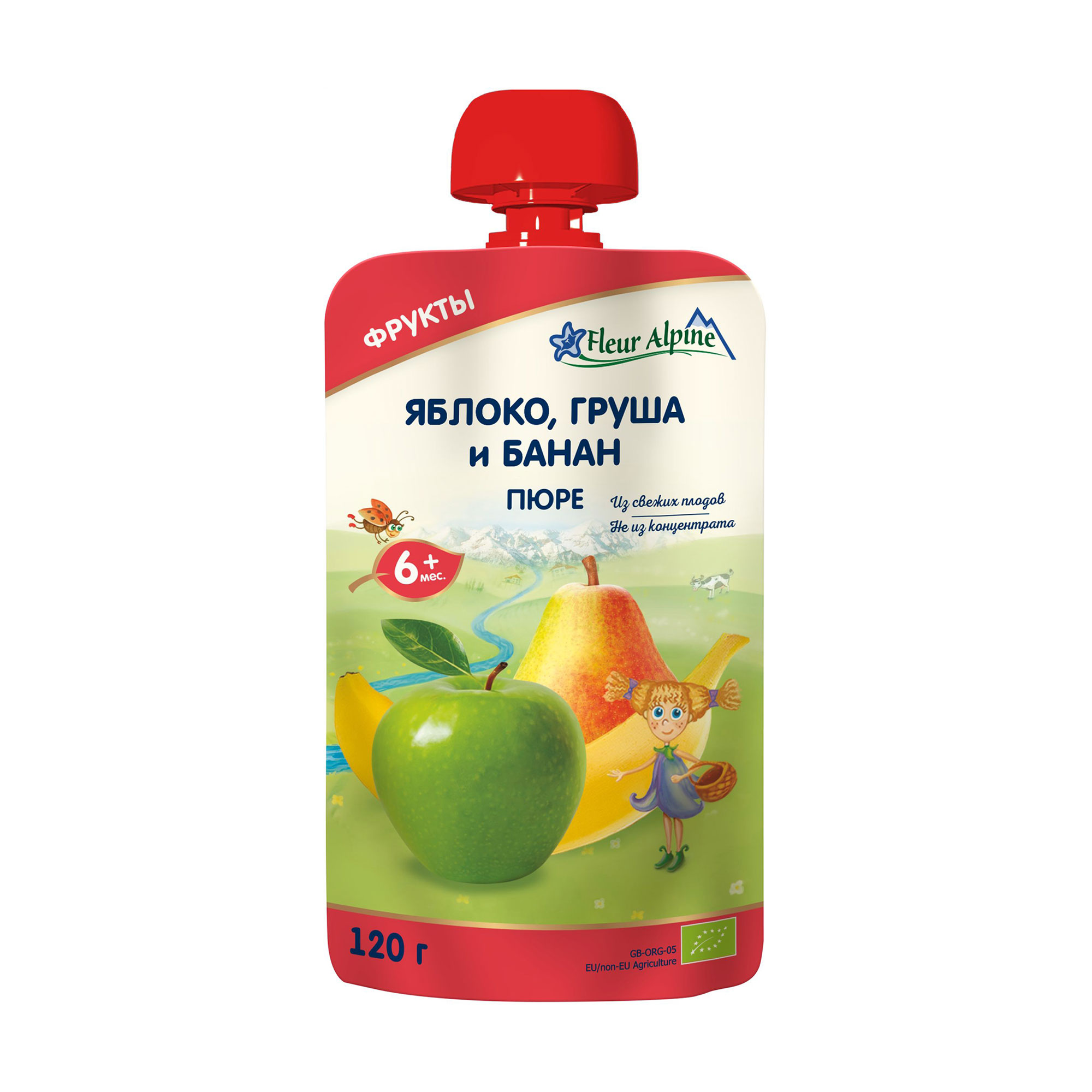 Дитяче фруктове пюре Fleur Alpine Organic Яблуко, груша та банан, від 6 місяців, 120 г