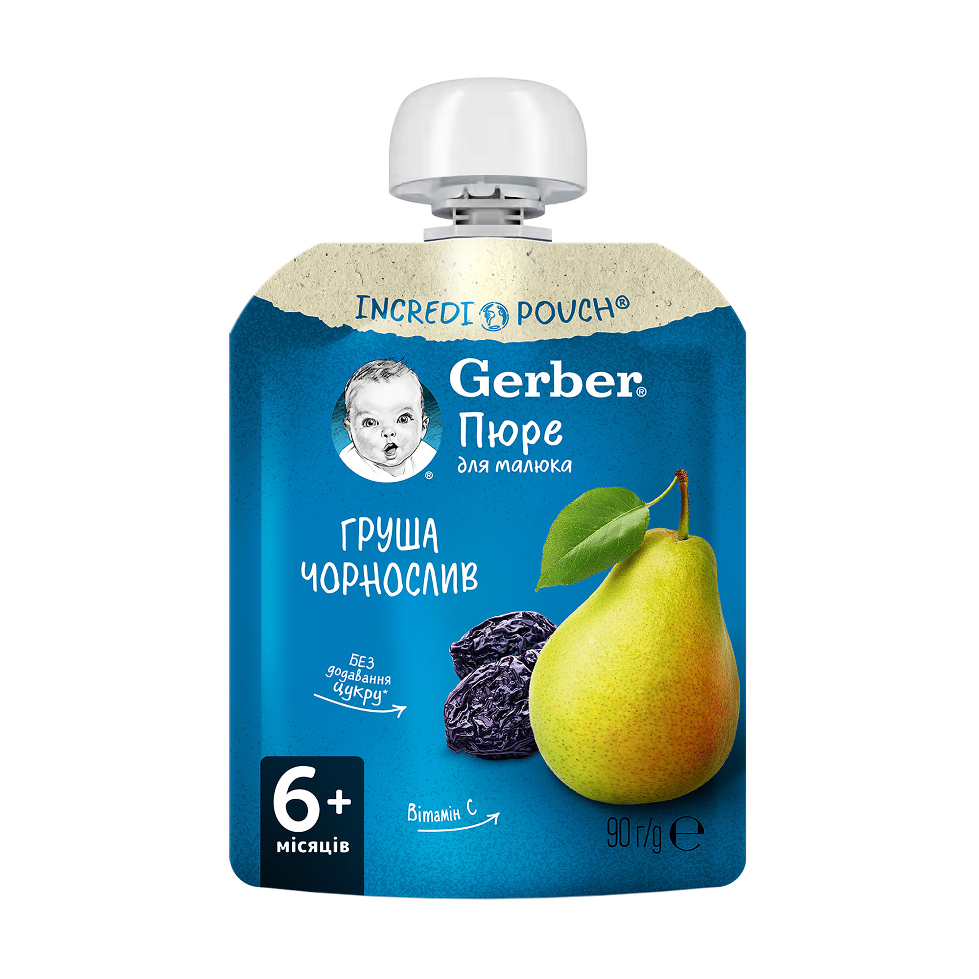 Дитяче фруктове пюре Gerber Груша та чорнослив, з 6 місяців, 90 г (пауч)