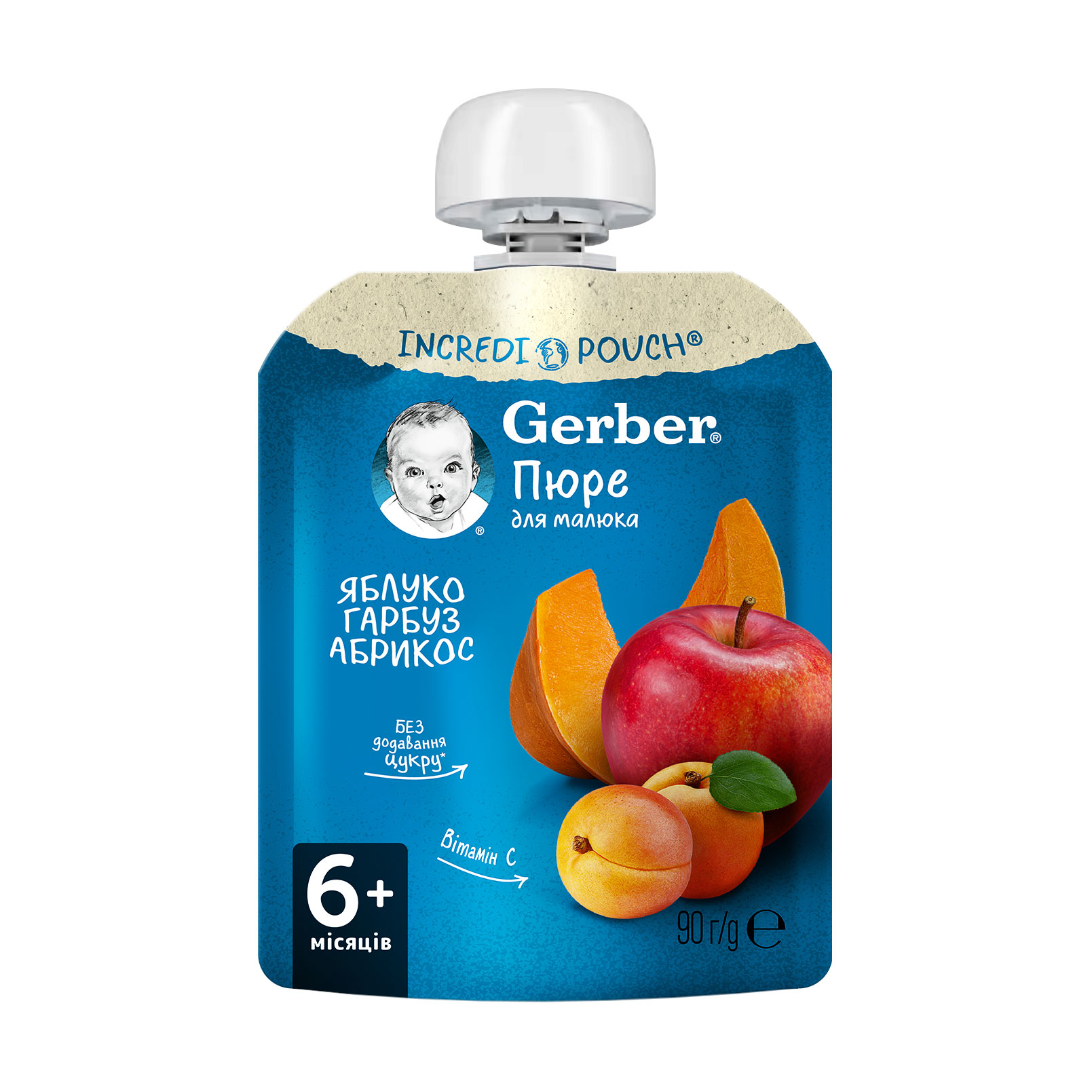 Дитяче фруктове пюре Gerber Яблуко, гарбуз та абрикос, з 6 місяців, 90 г (пауч)