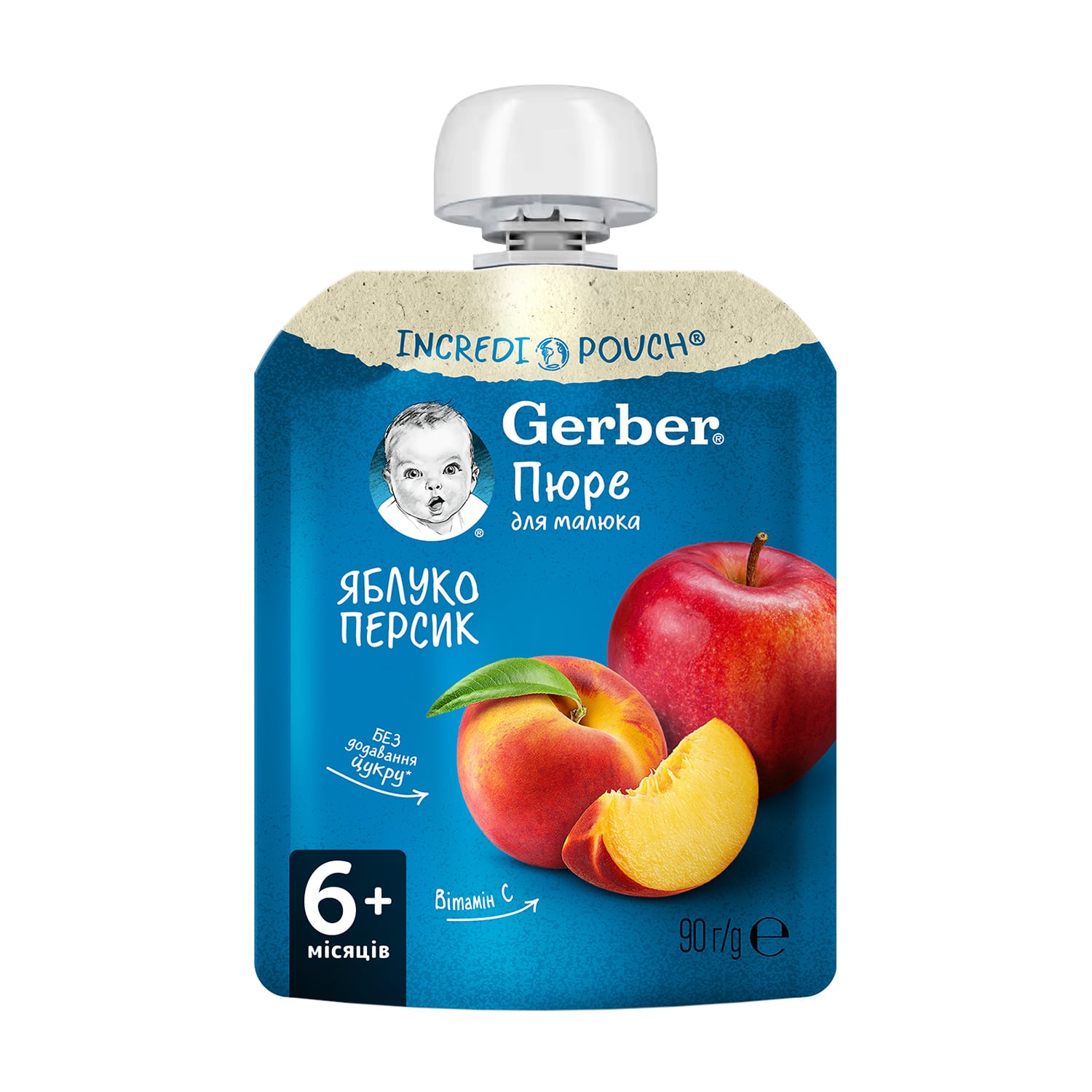 Дитяче фруктове пюре Gerber Яблуко та персик, з 6 місяців, 90 г (пауч)