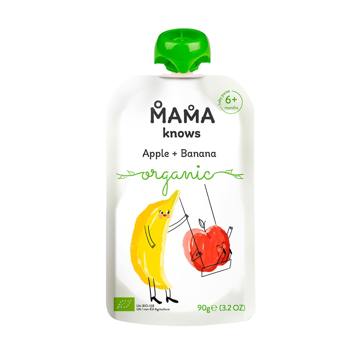 Дитяче фруктове пюре Mama knows Organic Яблуко-банан, від 6 місяців, 90 г