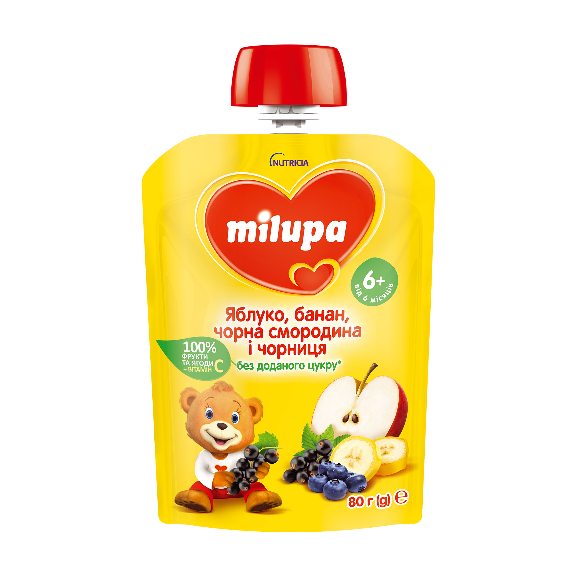 Дитяче фруктове пюре Milupa Яблуко, банан, чорна смородина та чорниця, від 6 місяців, 80 г