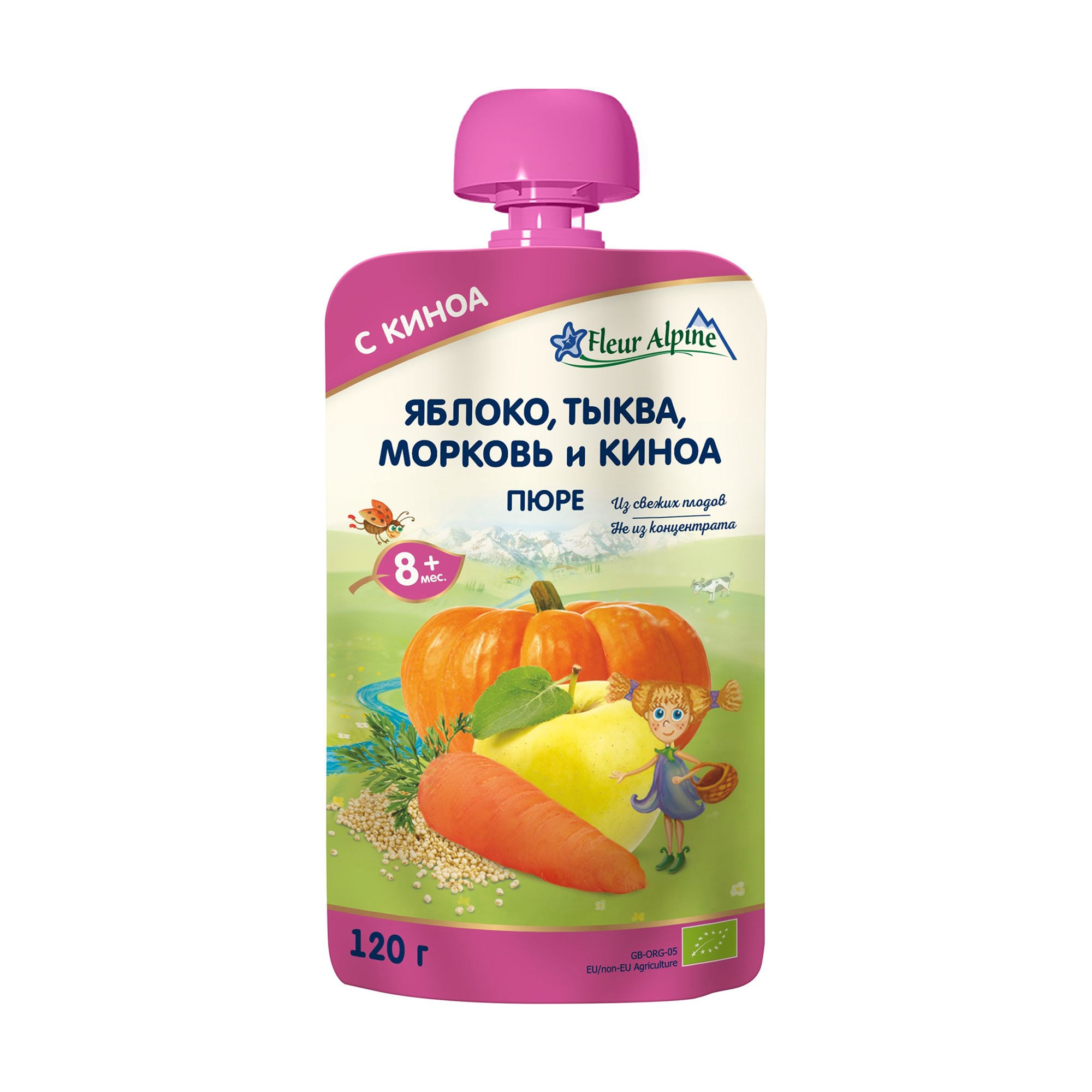 Дитяче фруктово-овочеве пюре Fleur Alpine Organic Яблуко, гарбуз, морква та кіноа, від 8 місяців, 120 г