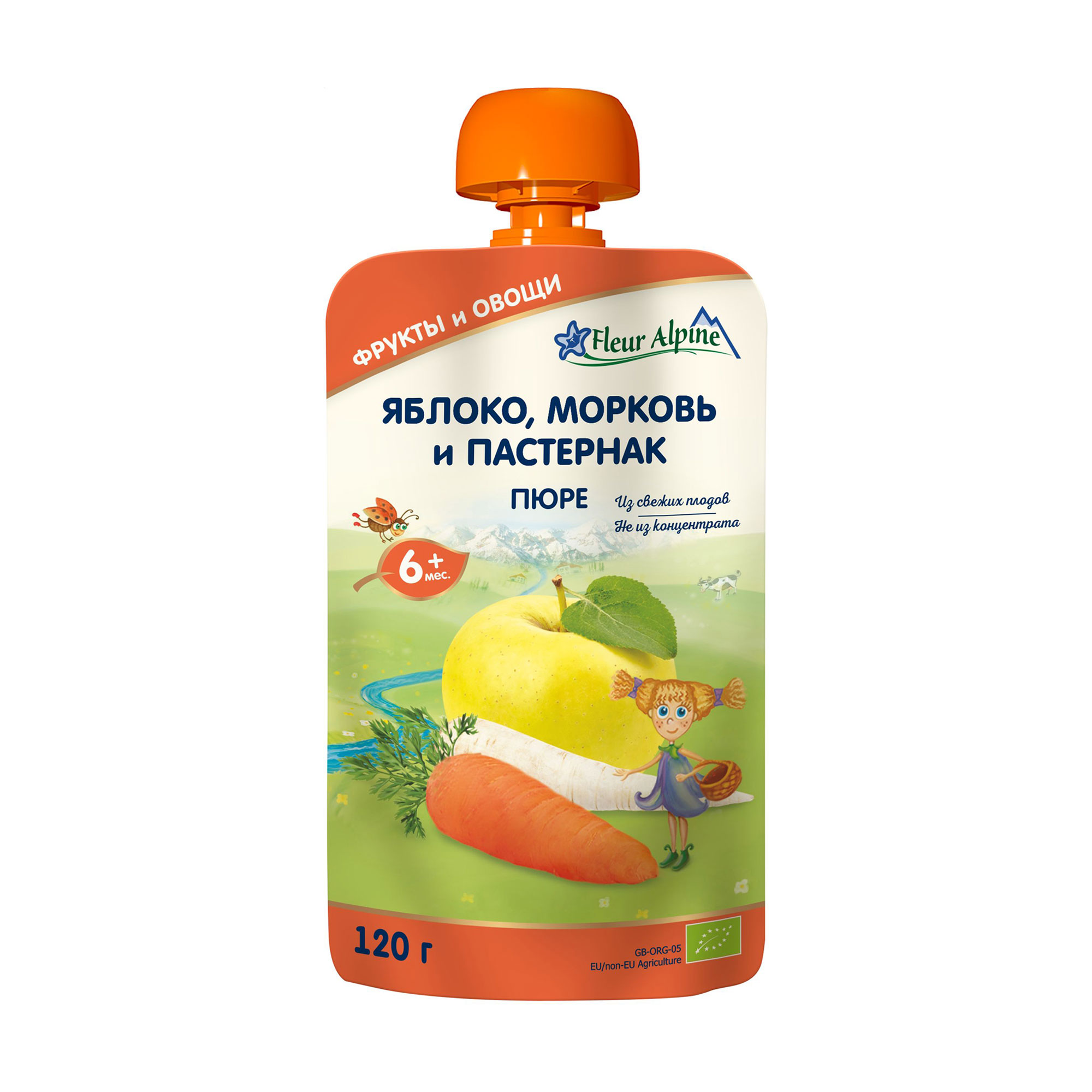 Дитяче фруктово-овочеве пюре Fleur Alpine Organic Яблуко, морква та пастернак, від 6 місяців, 120 г