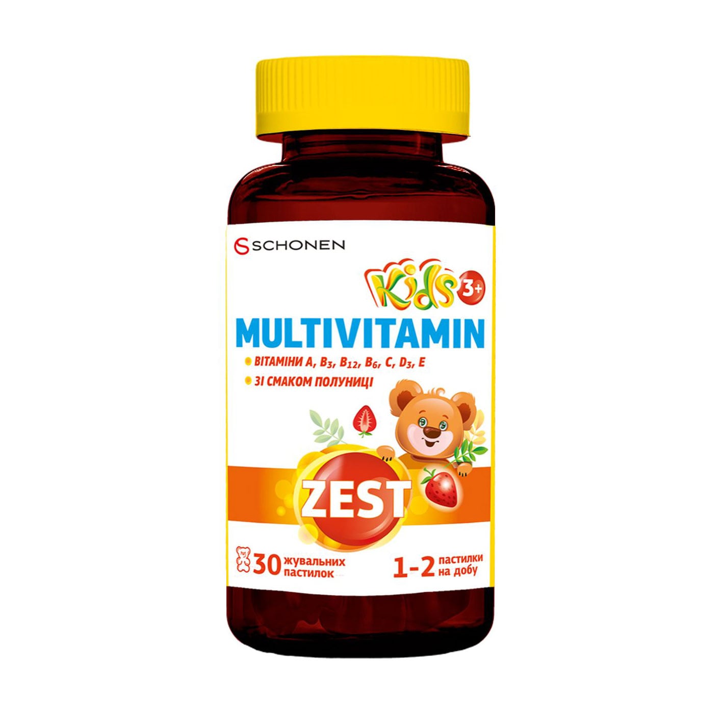 Дитячі мультивітаміни Schonen Zest Kids Multivitamin зі смаком полуниці, 30 жувальних пастилок