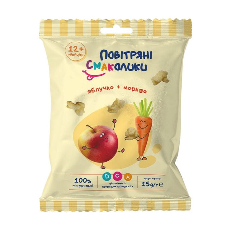 Дитячі снеки Повітряні смаколики Яблучко та морква, 15 г