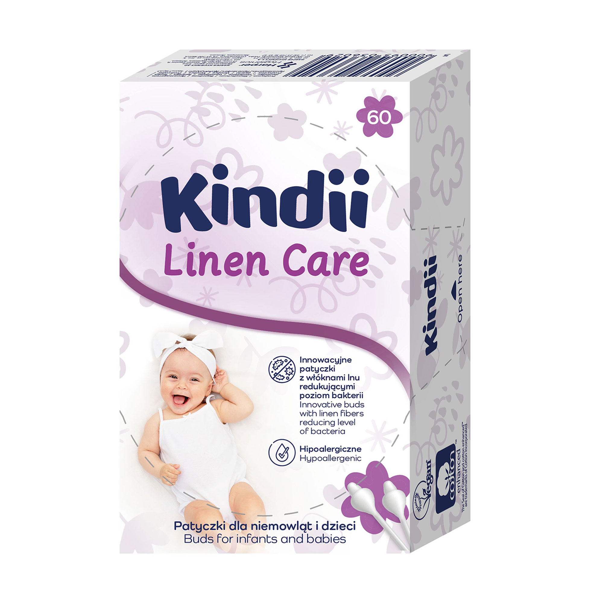 Дитячі ватяні палички Kindii Linen Care, 60 шт