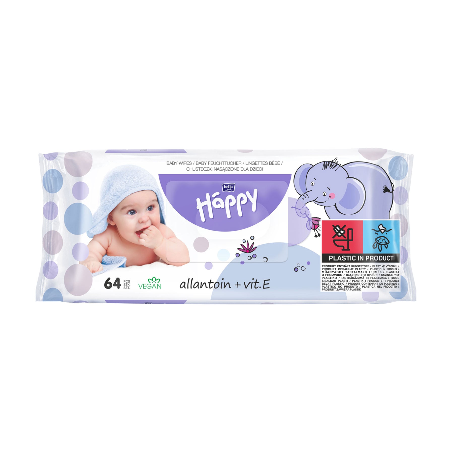 Дитячі вологі серветки Bella Baby Happy з вітаміном Е та алантоїном, 64 шт