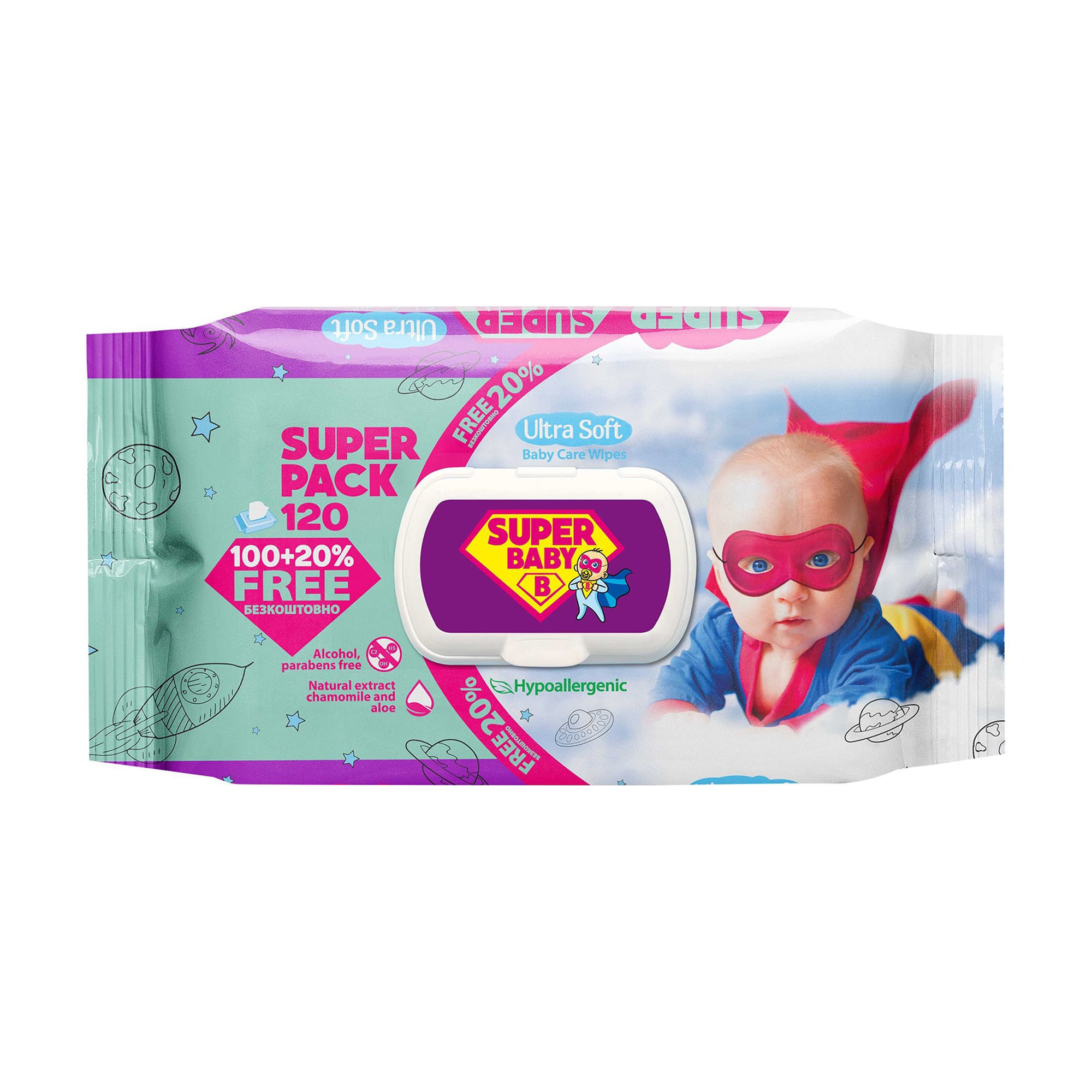 Дитячі вологі серветки Naturelle Super Baby Super Pack Ultra Soft Baby Care Wipes хлопчик, з ромашкою та алое вера, 120 шт