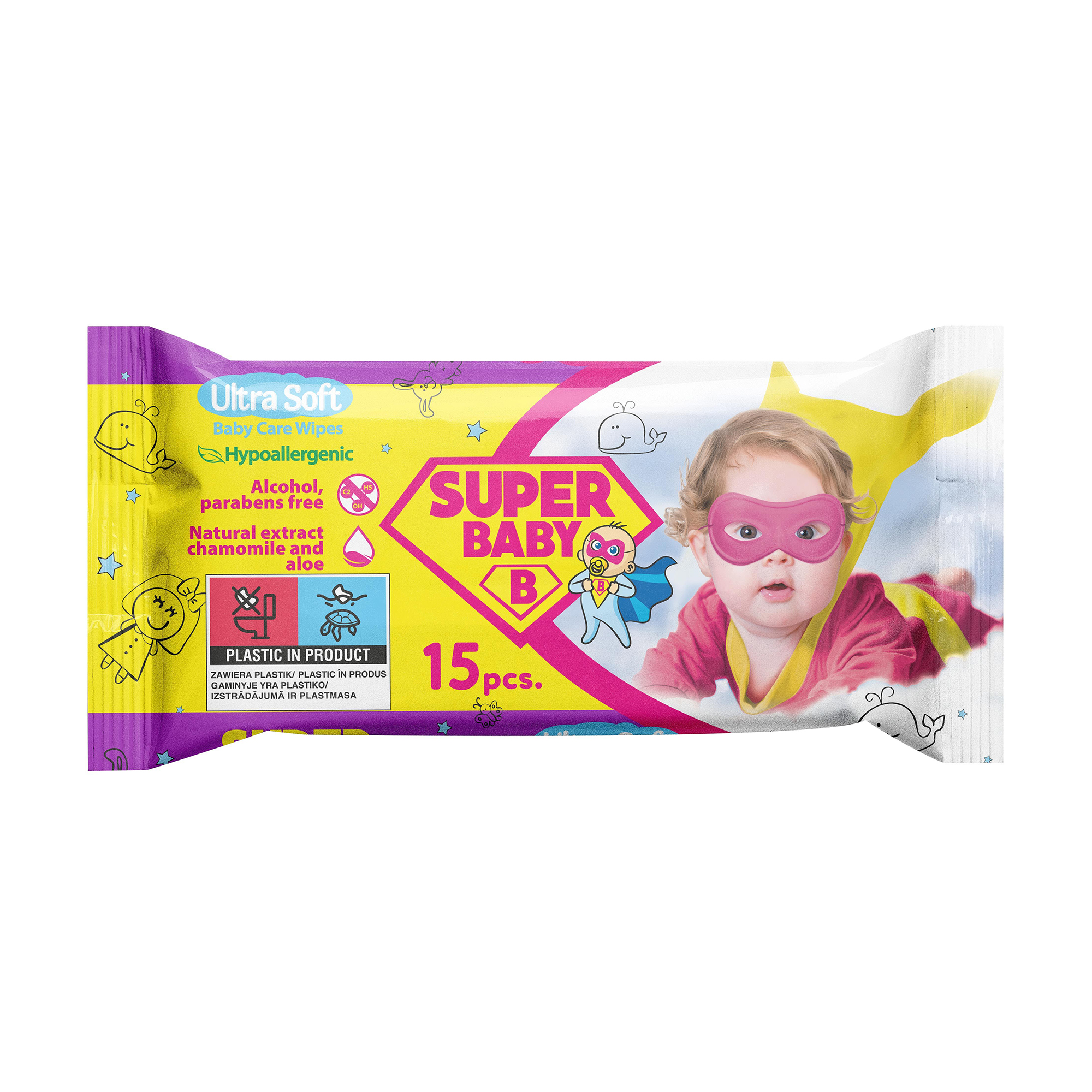 Дитячі вологі серветки Naturelle Super Baby Ultra Soft Baby Care Wipes Sensetive, 15 шт