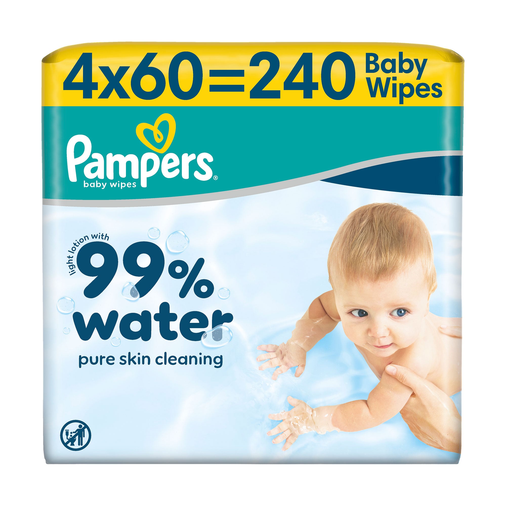Дитячі вологі серветки Pampers 99% Water Pure Skin Cleaning, 4*60 шт