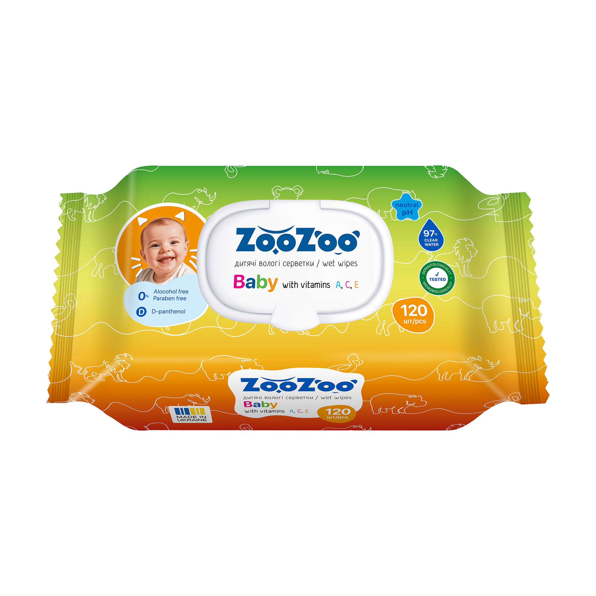 Дитячі вологі серветки ZooZoo Baby Wet Wipes з вітаміни A, C, E, 120 шт