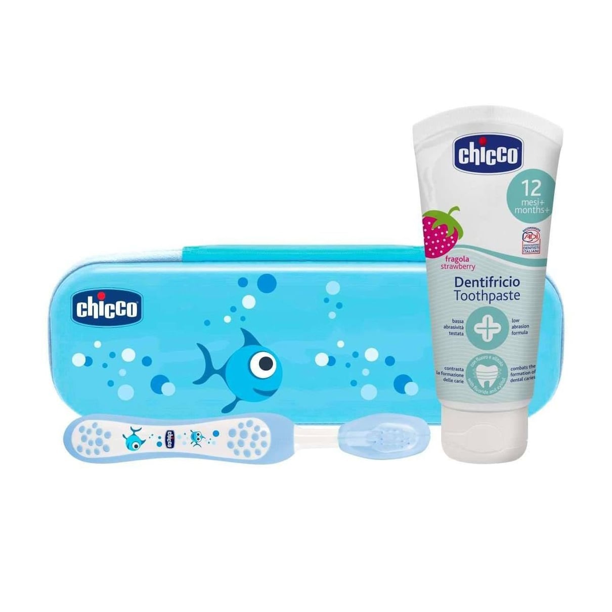 Дитячий дорожній набор Chicco блакитний: зубная щітка та зубна паста