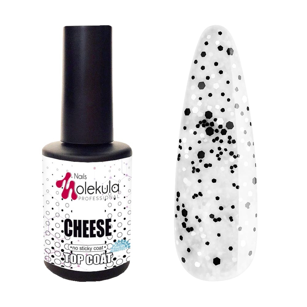 Фінішне покриття для гель-лаку Nails Molekula Professional Cheese No Sticky Top Coat з чорно-білими вкрапленнями, без липкого шару, 12 мл