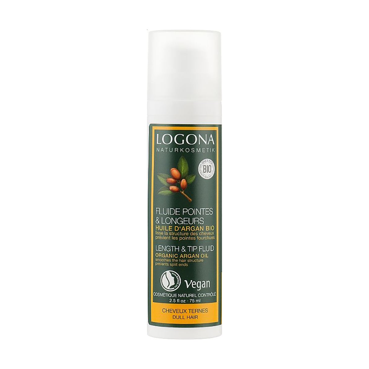 Флюїд-вирівнювач Logona Length &amp; Tip Fluid для тьмяного волосся, з аргановою олією, 75 мл