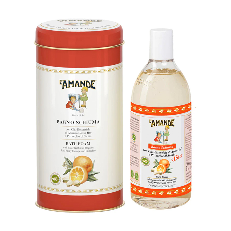 Гель для душу та піна для ванни L'Amande Sicily Boite Bath Foam Сицилія, з червоним апельсином та фісташкою, в подарунковому металевому футлярі, 500 мл