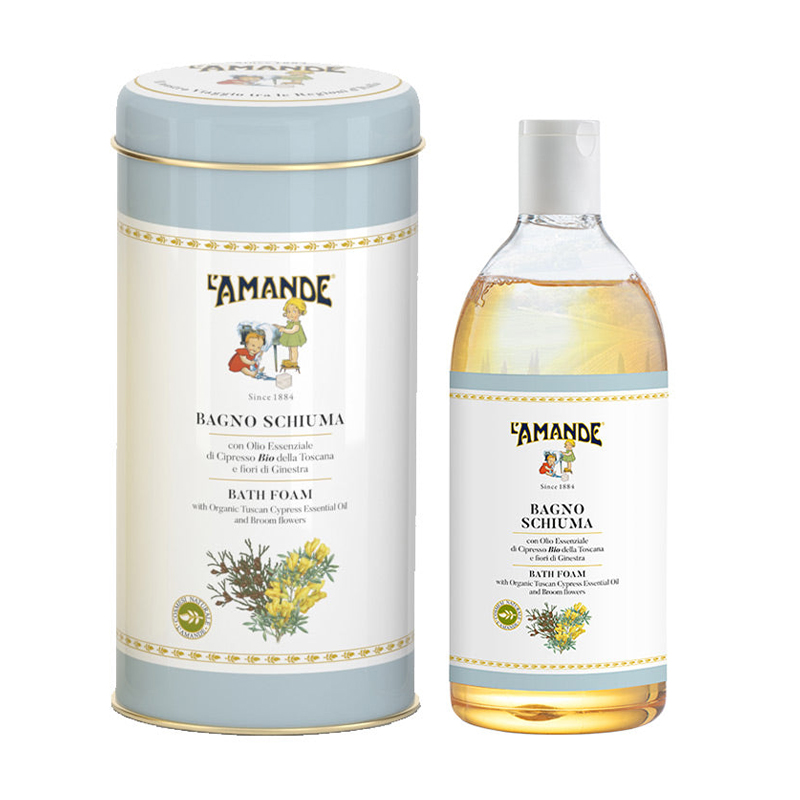 Гель для душу та ванни L'Amande Tuscany Boite Bath Foam Тоскана, з кипарисом та квітами ракітнику, в подарунковому металевому футлярі, 500 мл