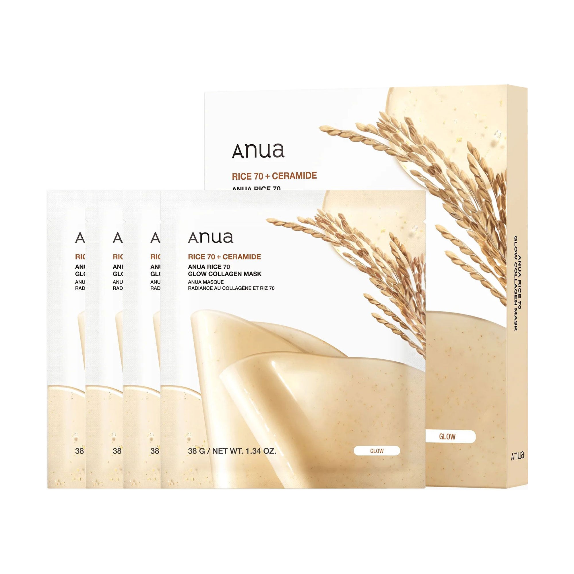 Гідрогелева колагенова маска Anua Rice 70 Glow Collagen Mask для сяйва шкіри обличчя, 38 г*4 шт
