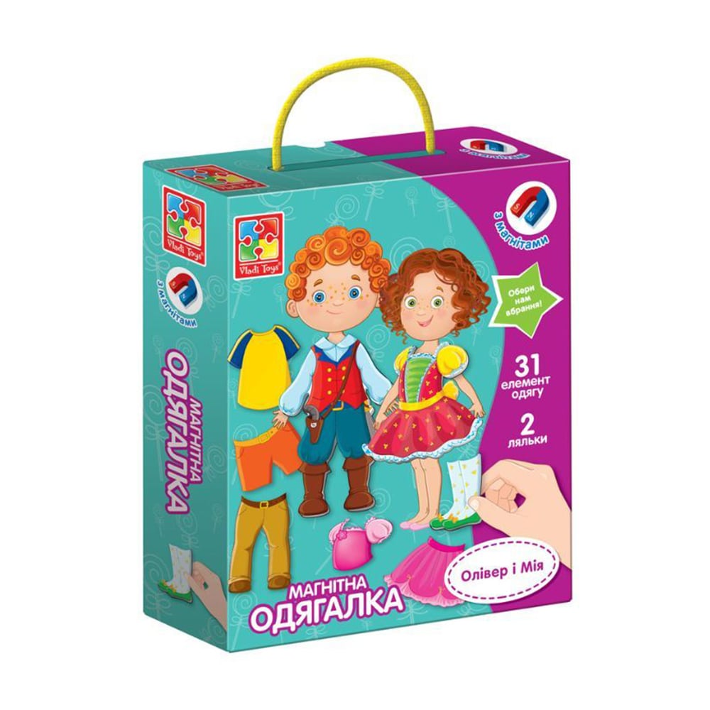 Гра настільна Vladi Toys Олівер і Мія, магнітна одягалка, від 3 років, 33 елементи, 18*5*23 см (VT3702-12)