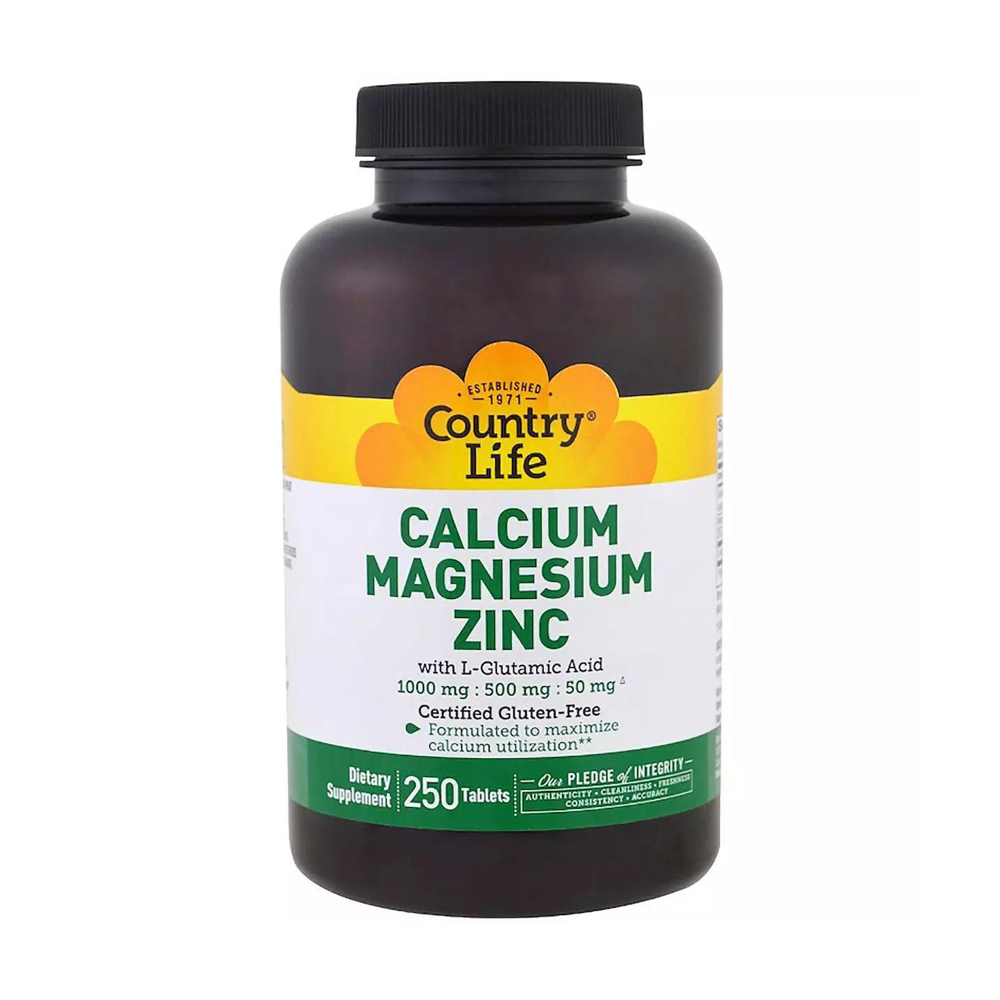 Кальцій, магній, цинк Country Life Calcium 1000 мг, Magnesium 500 мг, Zync 50 мг з L-глютаміном, 250 таблеток