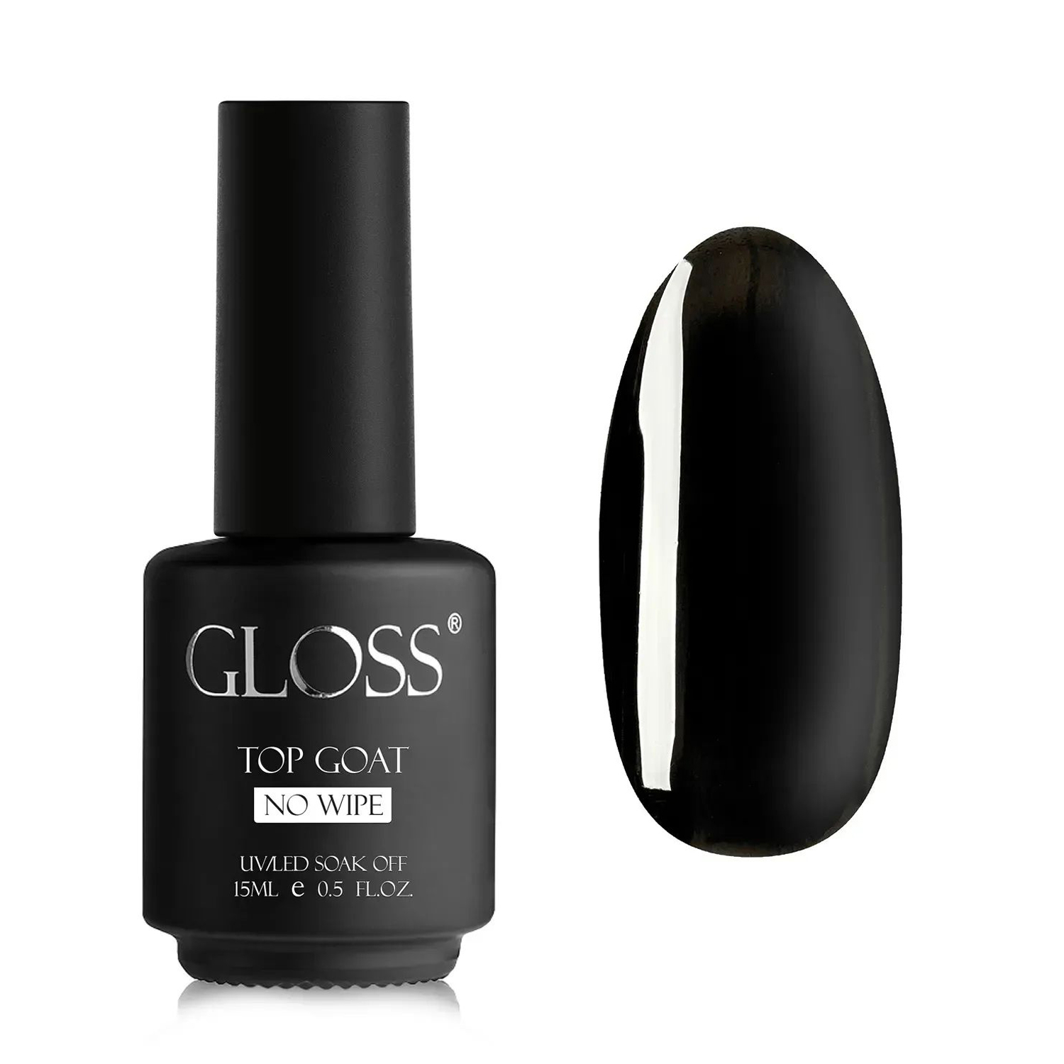 Камуфлювальний топ для гель-лаку Gloss Top Coat No Wipe без липкого шару, Black, 15 мл
