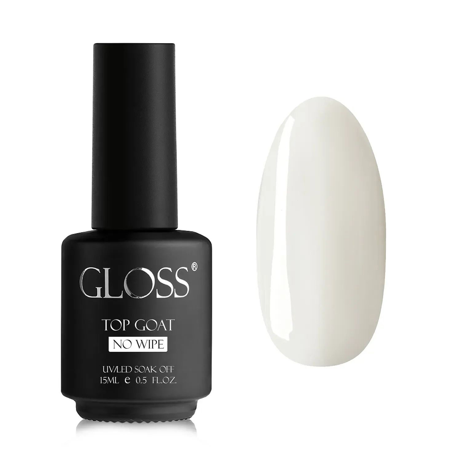 Камуфлювальний топ для гель-лаку Gloss Top Coat No Wipe без липкого шару, White, 15 мл
