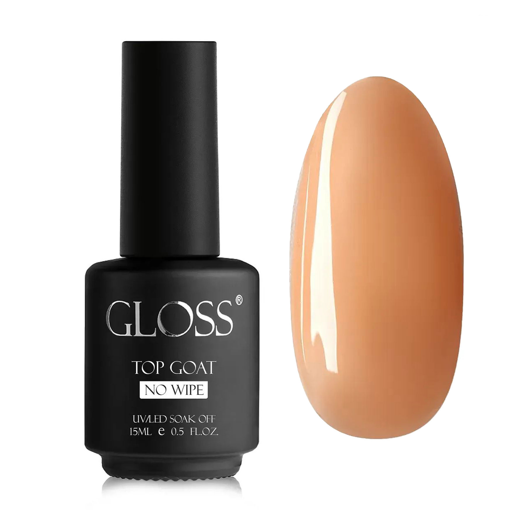 Камуфлювальний топ для гель-лаку Gloss Top Coat No Wipe без липкого шару, Caramel, 15 мл