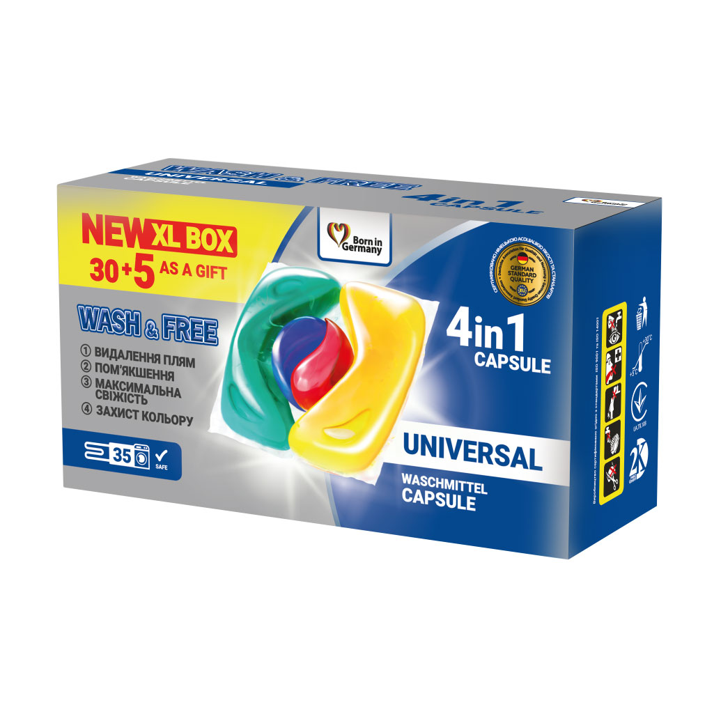 Капсули для прання Wash &amp; Free Universal 4in1 Capsule 35 циклів прання, 35 шт (коробка)