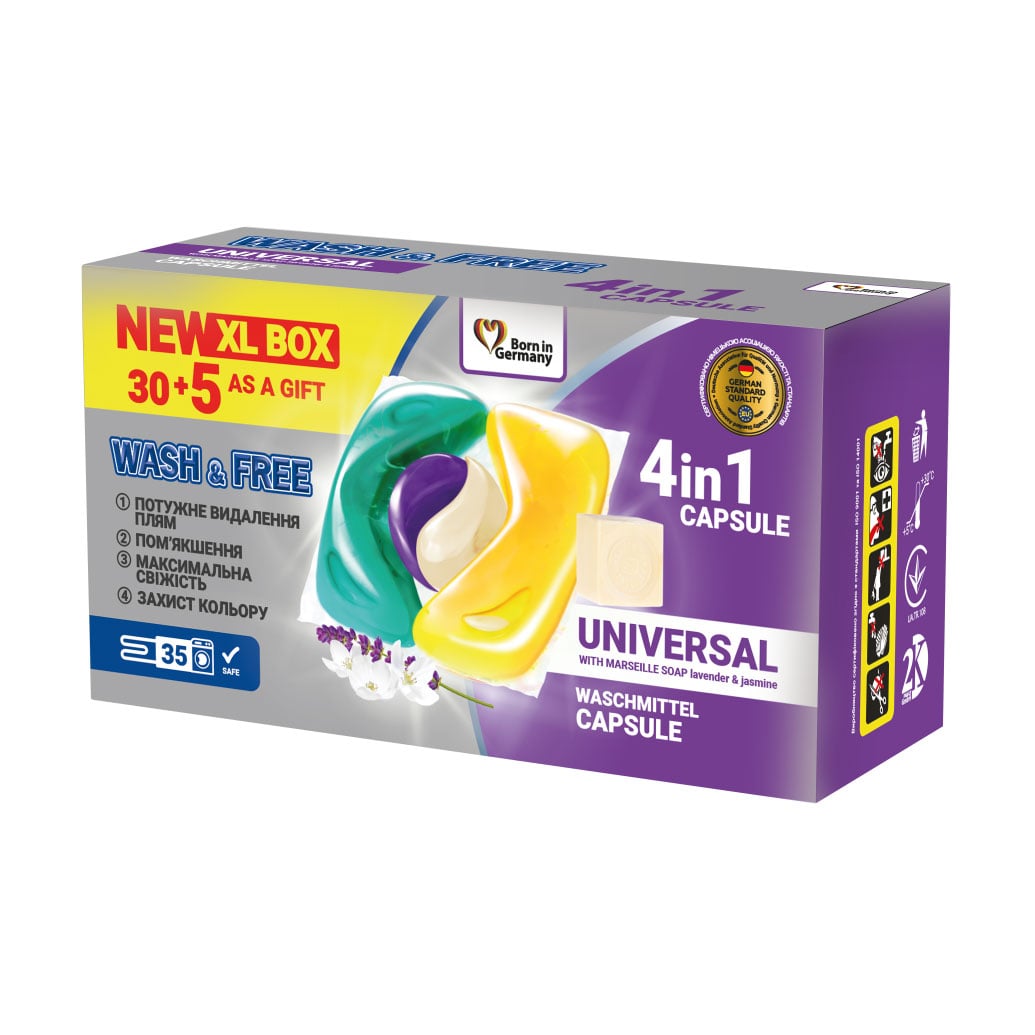 Капсули для прання Wash &amp; Free Universal 4in1 Capsule Жасмин та лаванда з марсельським милом, 35 циклів прання, 35 шт