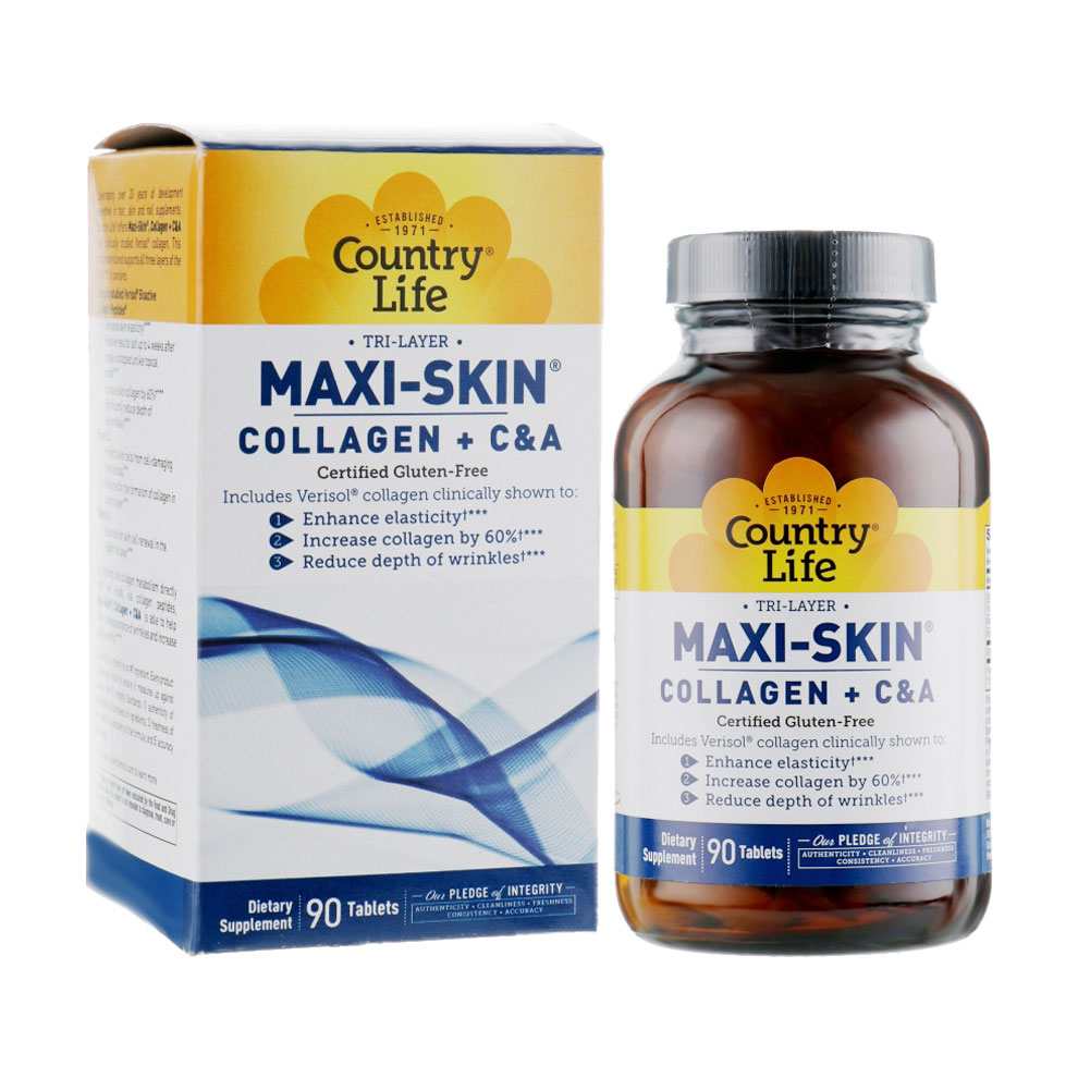 Колаген + вітаміни А та С Country Life Maxi-Skin Collagen + Vitamins C &amp; A, 90 таблеток