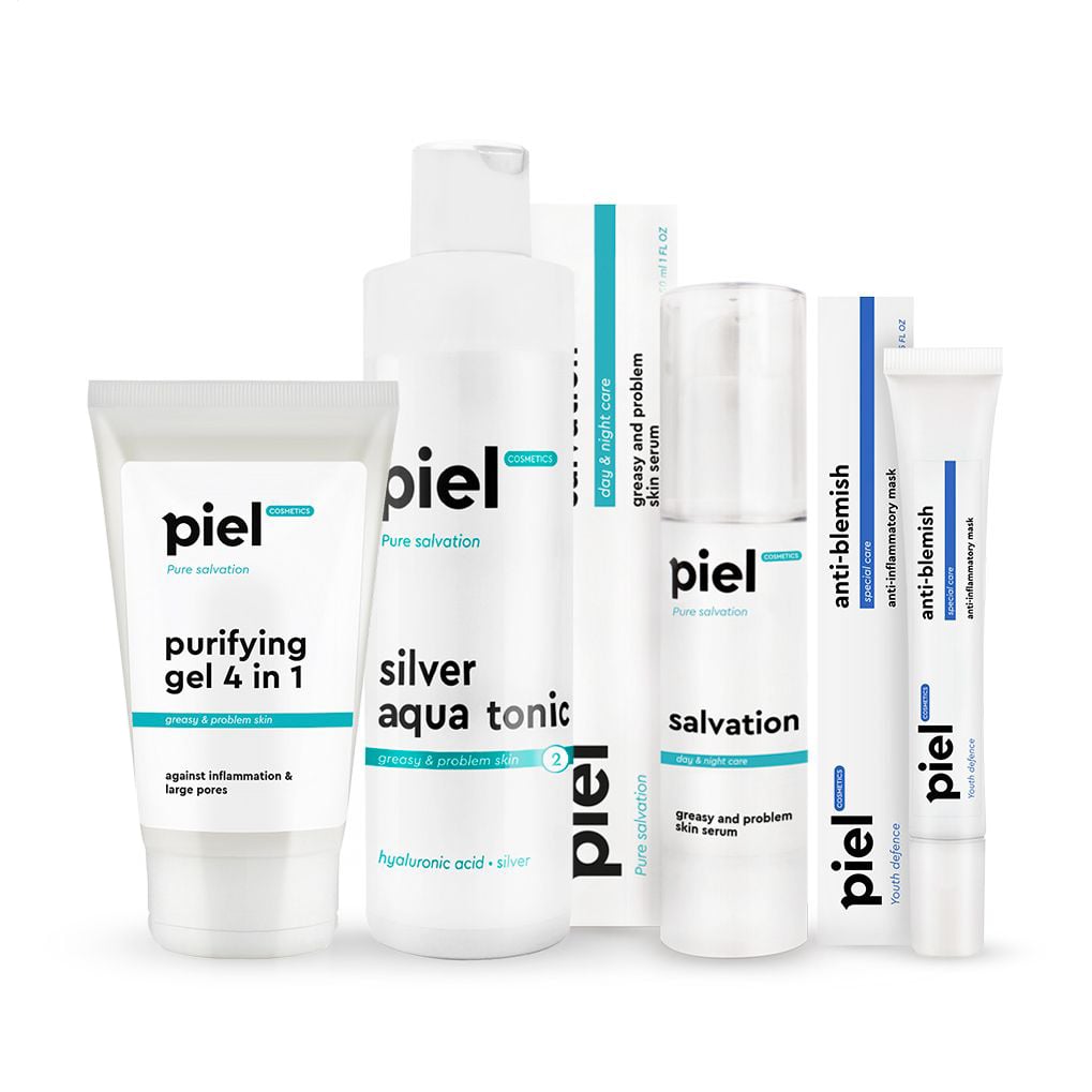 Комплекс засобів Piel Cosmetics для проблемної шкіри, проти акне та запалень (гель, 150 мл + тонік, 250 мл + сироватка, 50 мл + маска, 25 мл)