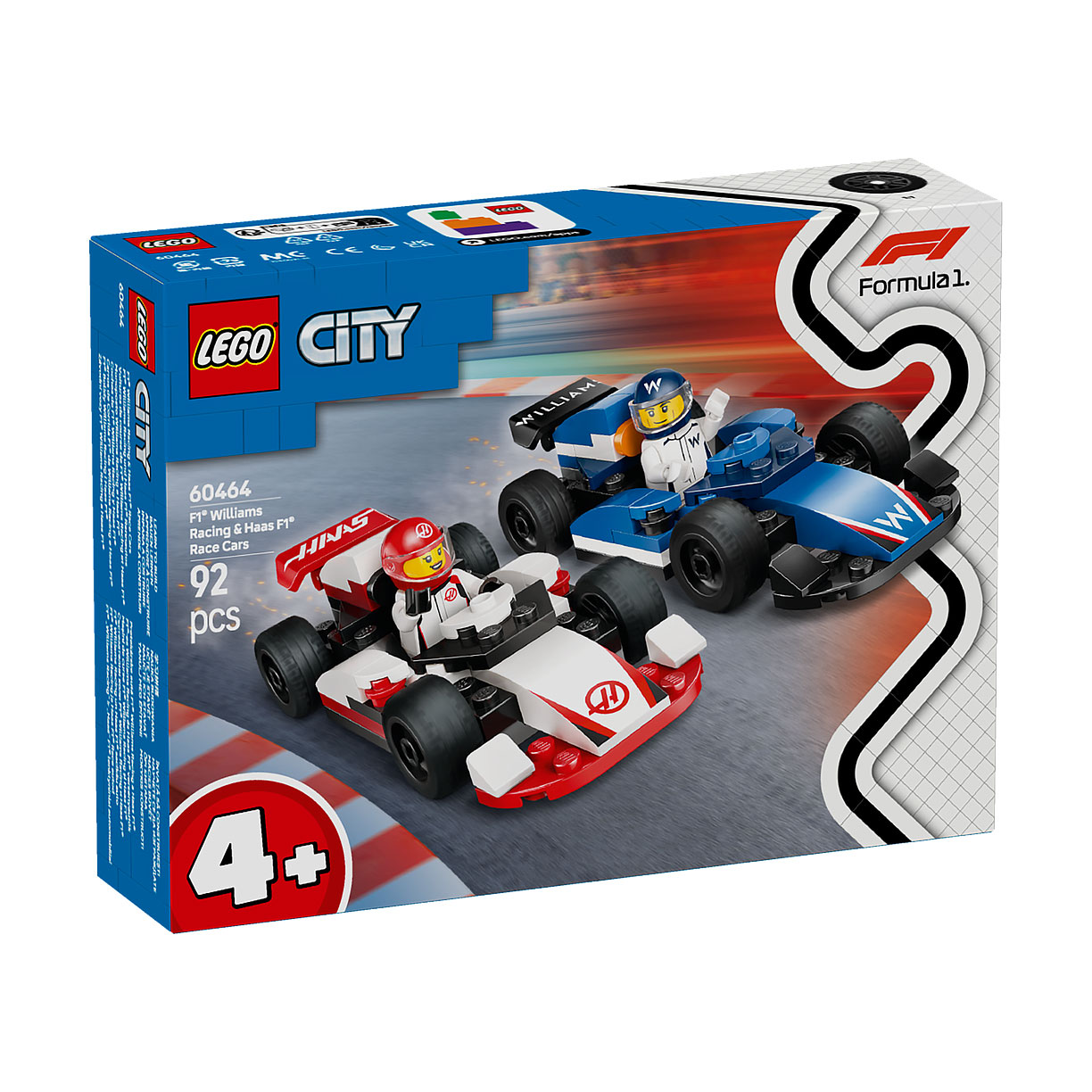 Конструктор LEGO City Автомобілі для перегонів F1 команд Williams Racing та Haas F1, 92 деталі, від 4 років (60464)