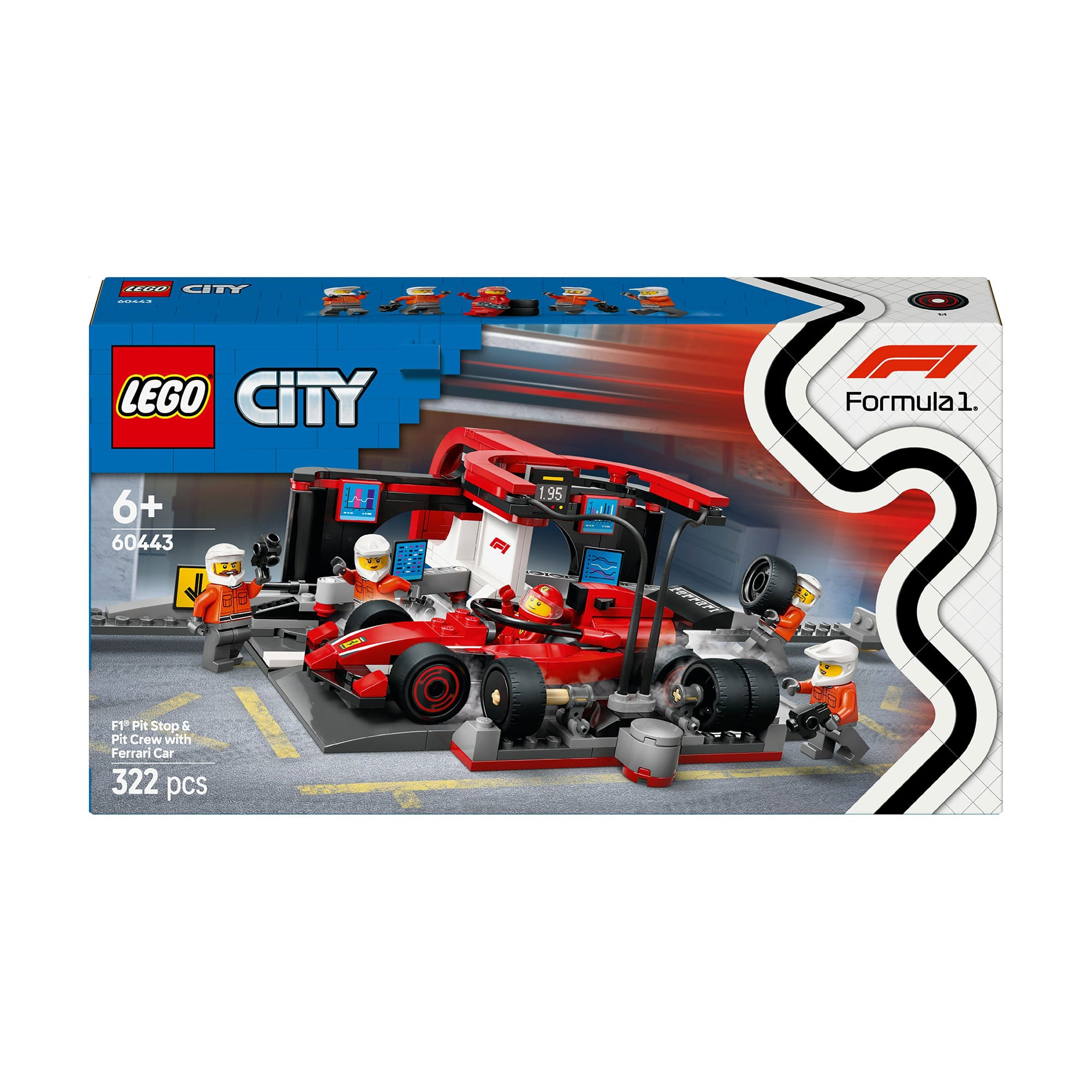 Конструктор LEGO City Піт-стоп і піт-екіпаж F1 з болідом Ferrari, 322 деталі, від 6 років (60443)