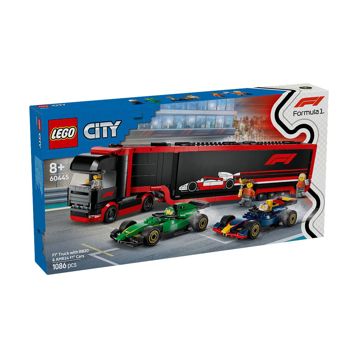 Конструктор LEGO City Вантажівка F1 з автомобілями RB20 та AMR24, 1086 деталей, від 8 років (60445)