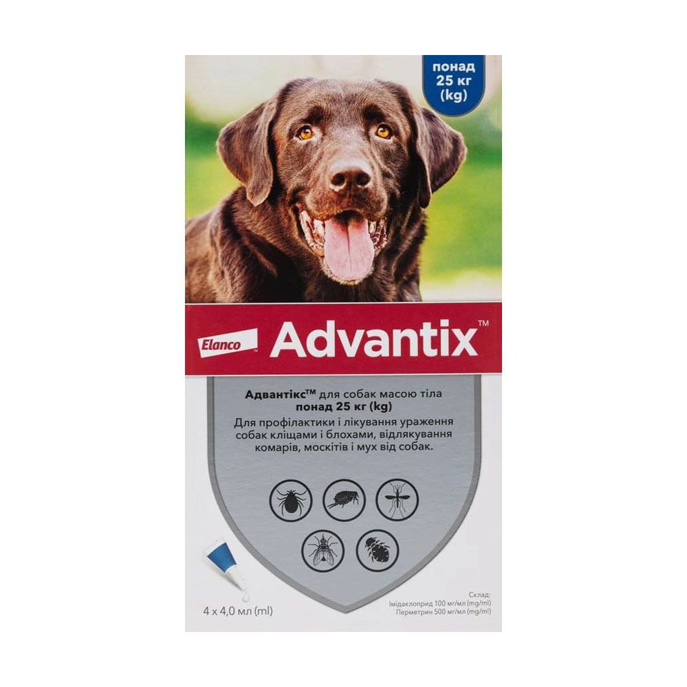 Краплі для собак Elanco Advantix від бліх, кліщів та комарів, від 25 кг, 4*0.4 мл