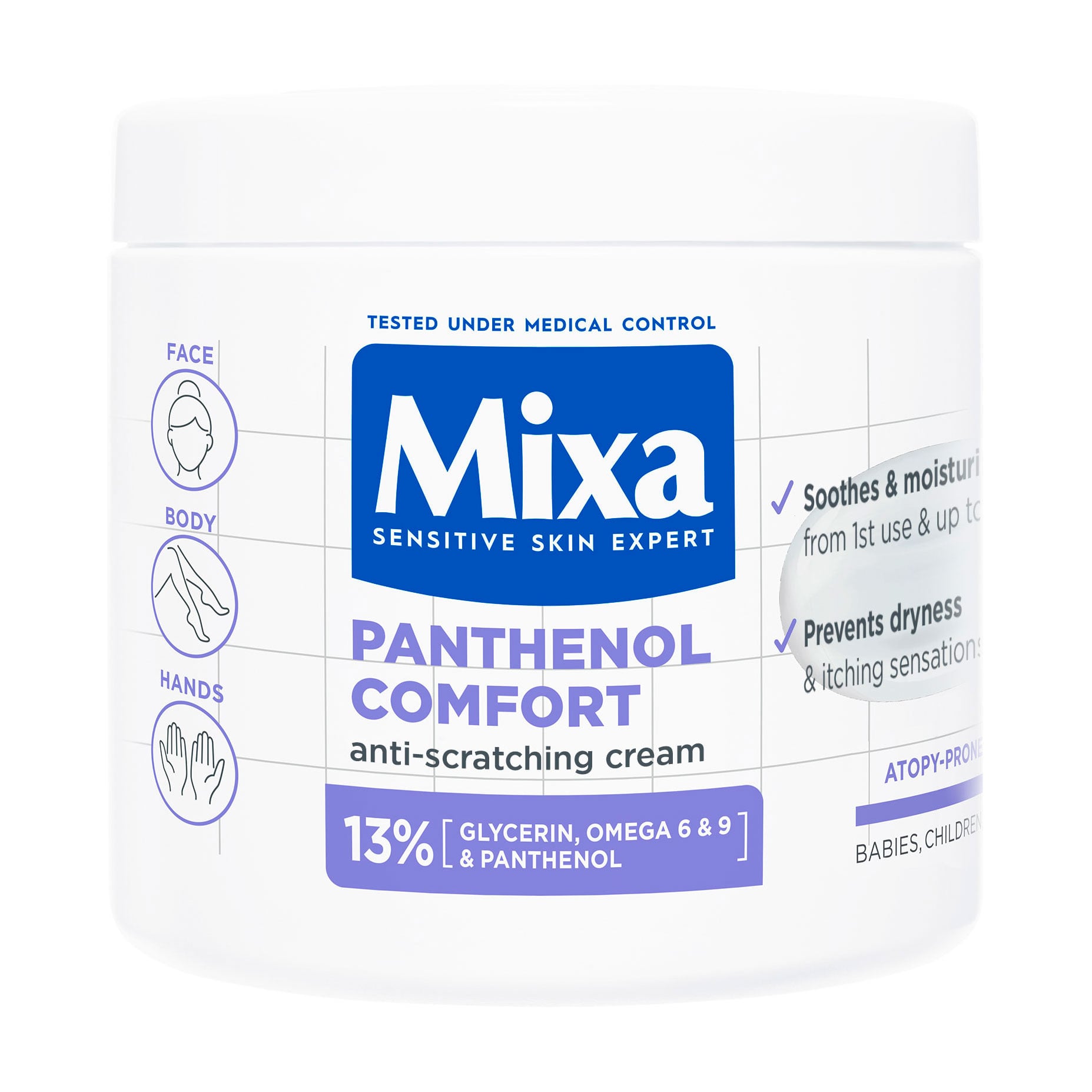 Крем Mixa Panthenol Comfort для зволоження та заспокоєння дуже чутливої шкіри обличчя, рук та тіла дорослих, дітей та немовлят, 400 мл