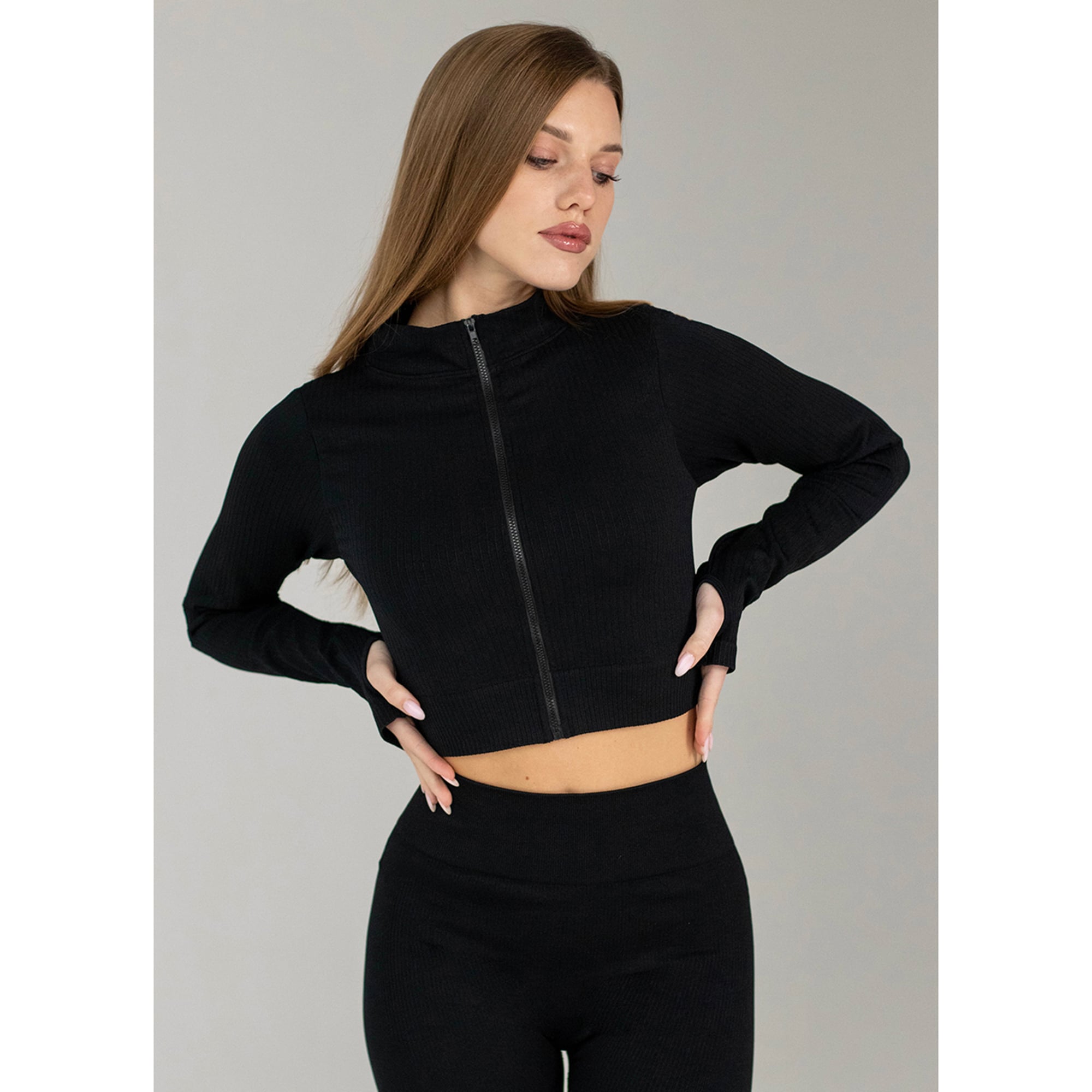 Кроп-кофта жіноча Flexit Flex Crop Zip-Up Active на блискавці з мітенками, Black, розмір S