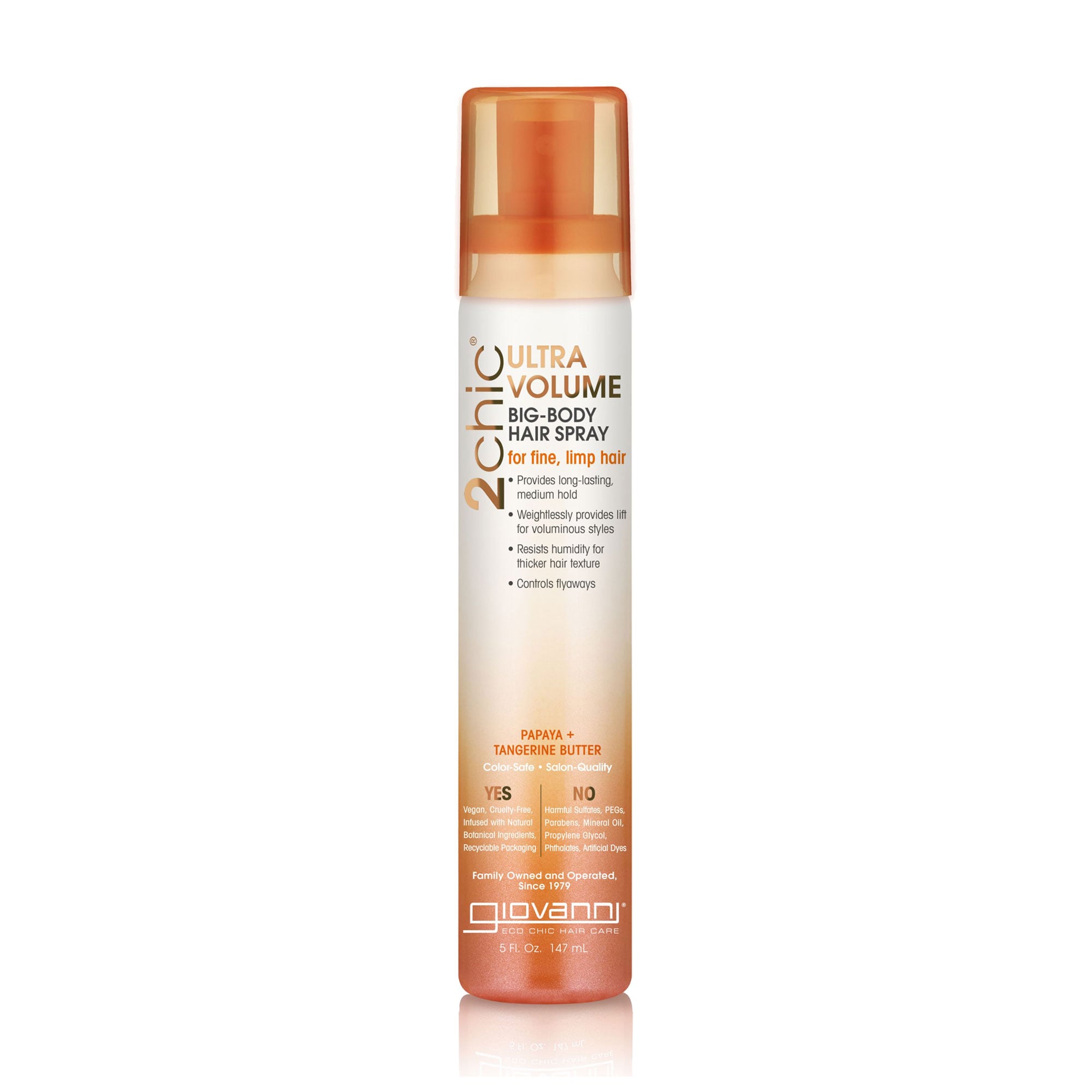 Лак-спрей для надання об'єму тонкому волоссю Giovanni 2chic Ultra-Volume Big Body Hair Spray з мандарином і олією папаї, 147 мл