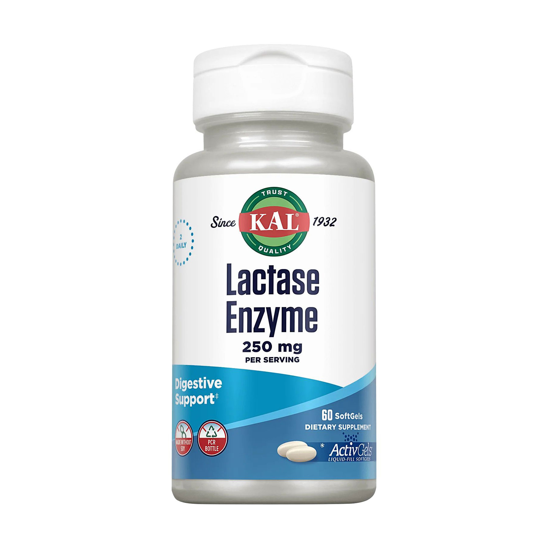 Лактаза KAL Lactase Enzyme 250 мг, 60 гелевих капсул