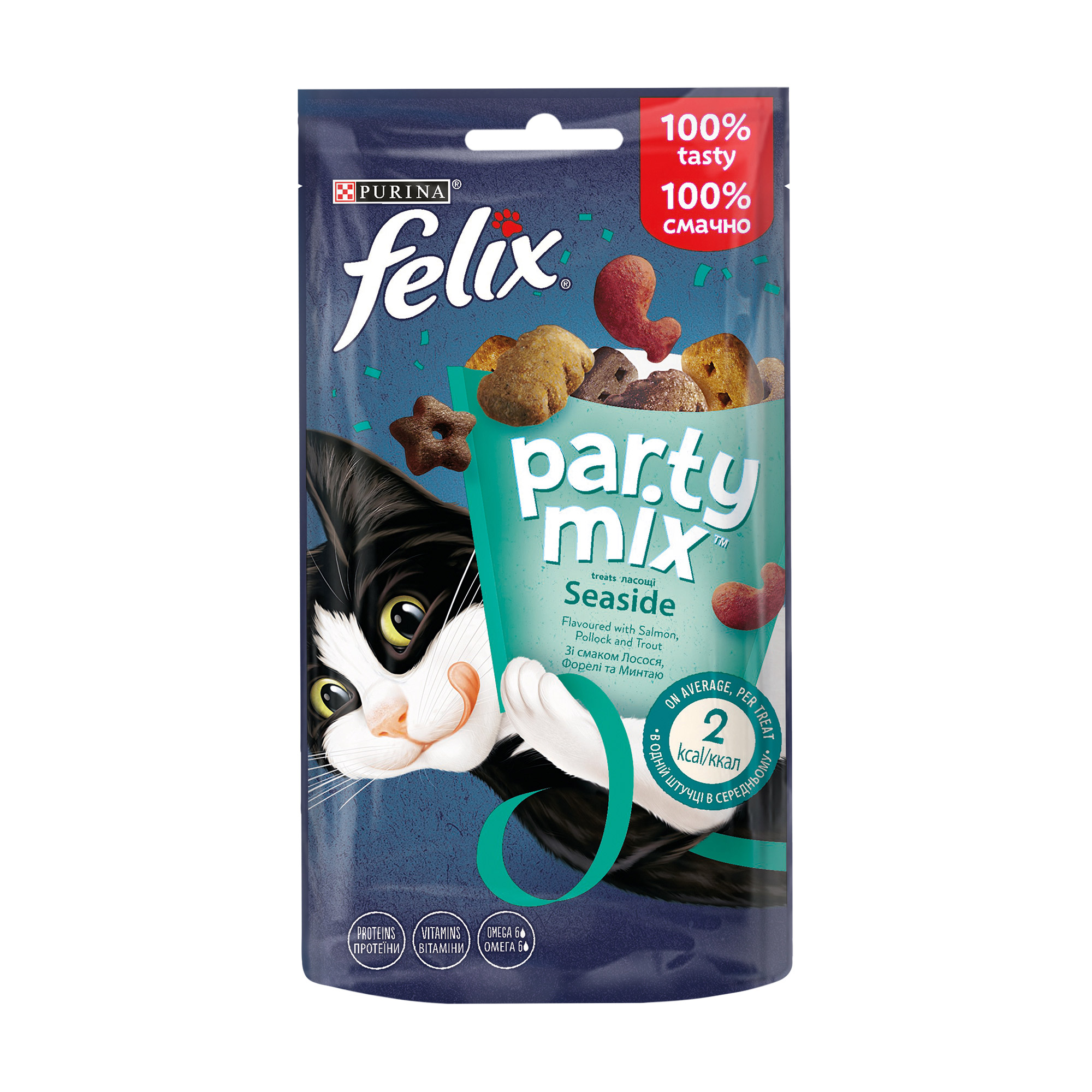 Ласощі для дорослих кішок Felix Party Mix Seaside зі смаком лосося, форелі та минтаю, 60 г