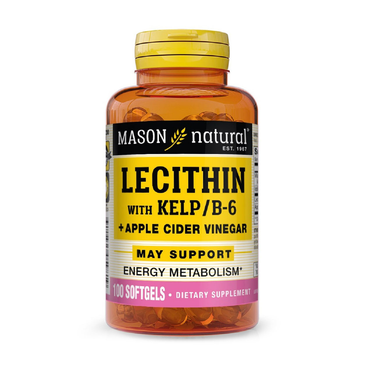 Лецитин з водоростями, вітаміном B6 та яблучним оцтом Mason Natural Lecithin With Kelp/Vitamin B-6 Plus Cider Vinegar, 100 капсул