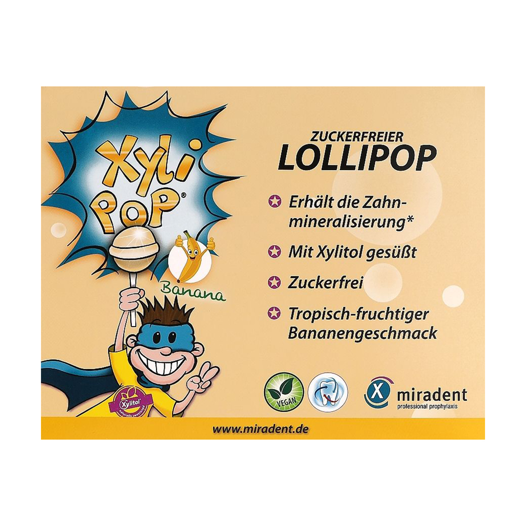 Льодяник на паличці Miradent Xylitol Xylipop Банан, з ксилітолом, 50*6 г