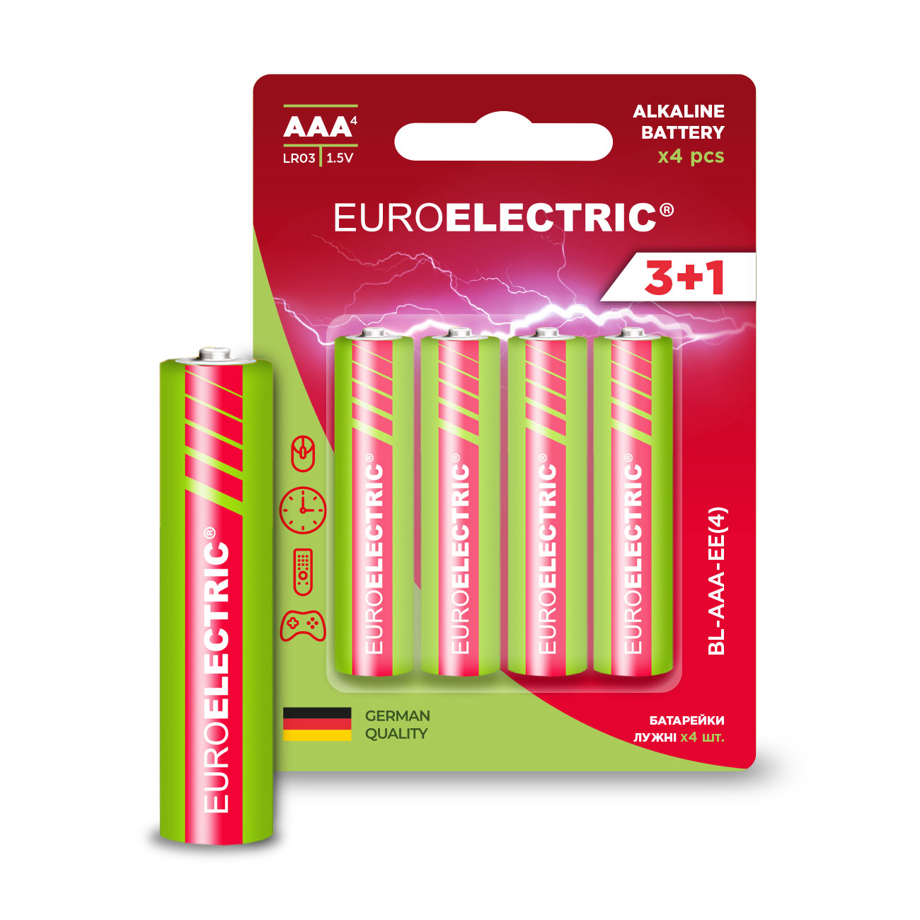 Лужні батарейки Euroelectric AAA LR03, 1.5V, 4 шт