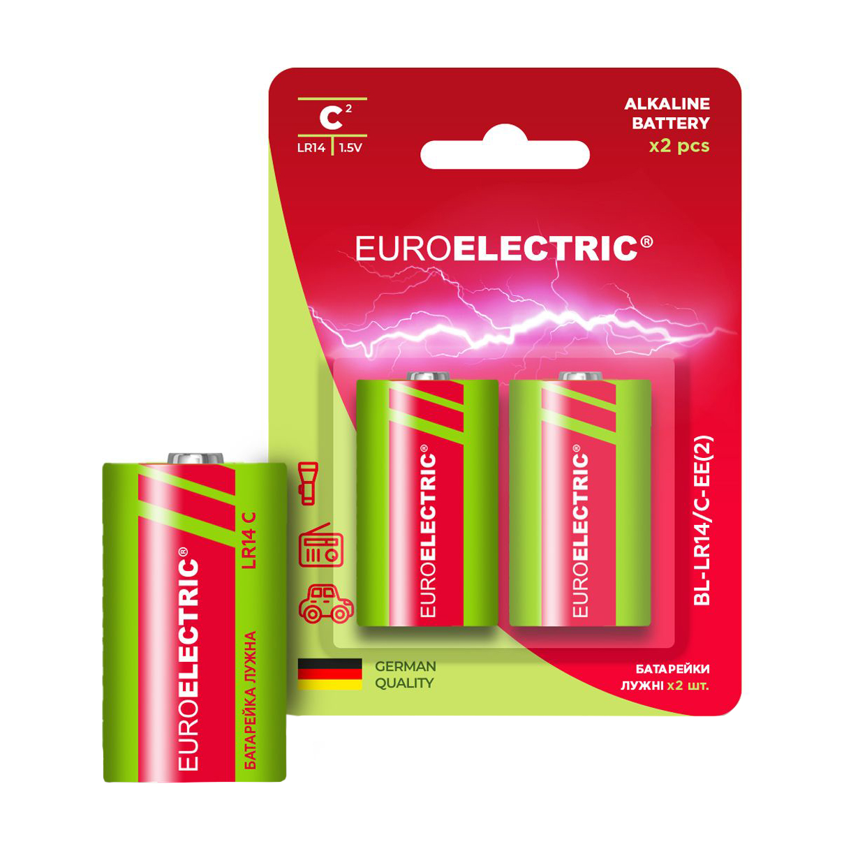 Лужні батарейки Euroelectric C LR14, 1.5V, 2 шт